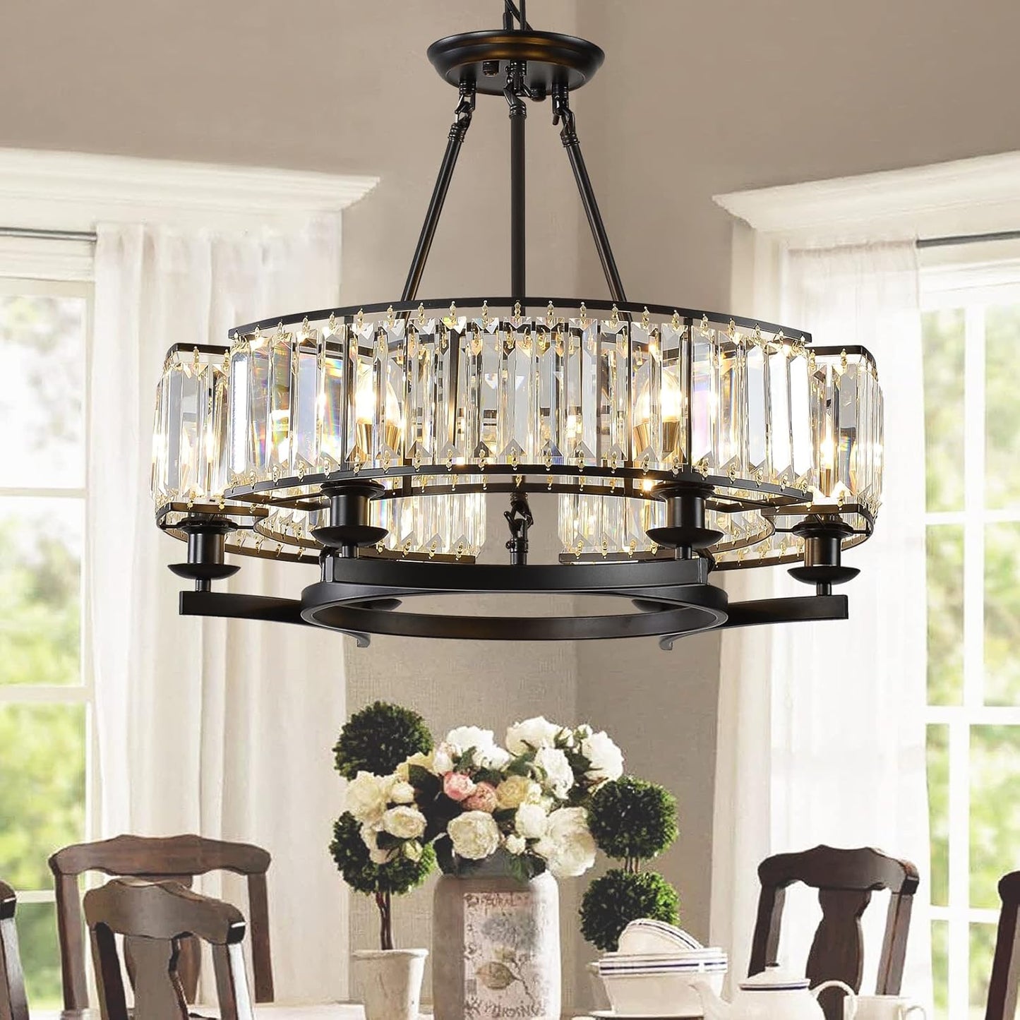Vintage Crystal Chandelier Black 6 Lights Hanging Ceiling Light Fixture Iron Frame Pendant Lighting for Farmhouse Decoration Dining Table Living Room