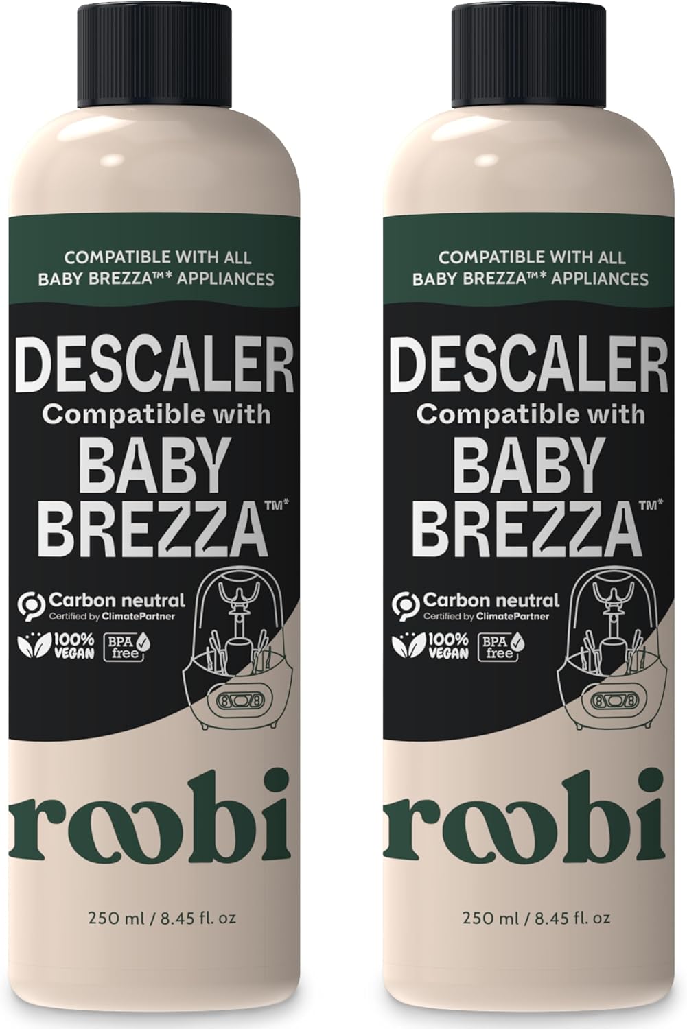 Roobi Descaling Solution Compatible with Baby Brezza. Specially Formulated to Clean & Descale Baby Appliances. Up to 2 Uses per Bottle, 2 Pack. Carbon Neutral.