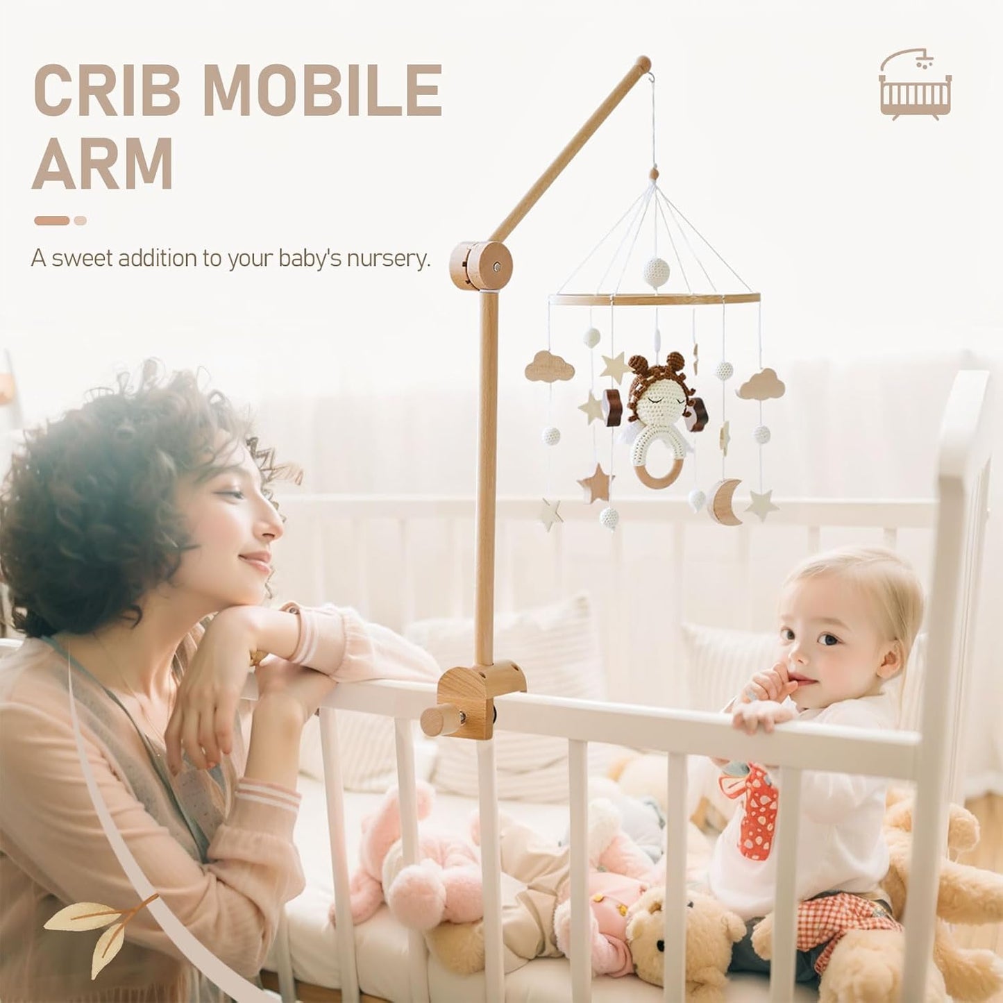 HI BABY MONMENT Crib Mobile Arm - Rotating Baby Mobile Hanger, Natural Beech Wood, Mobile Stand for Crib Nursery Decor, Perfect for Baby Girl or Boys