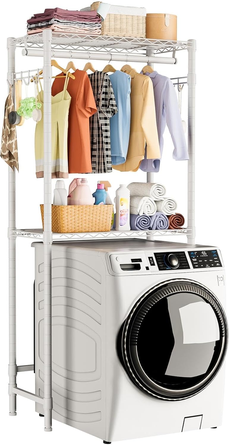 Over Washer and Dryer Shelves,2 Tier Adjustable Height Wire Shelving Laundry Room Storage Organization Clothes Drying Rack with Hanger Rod&Hooks,Space Saving Organizers Shelf,White