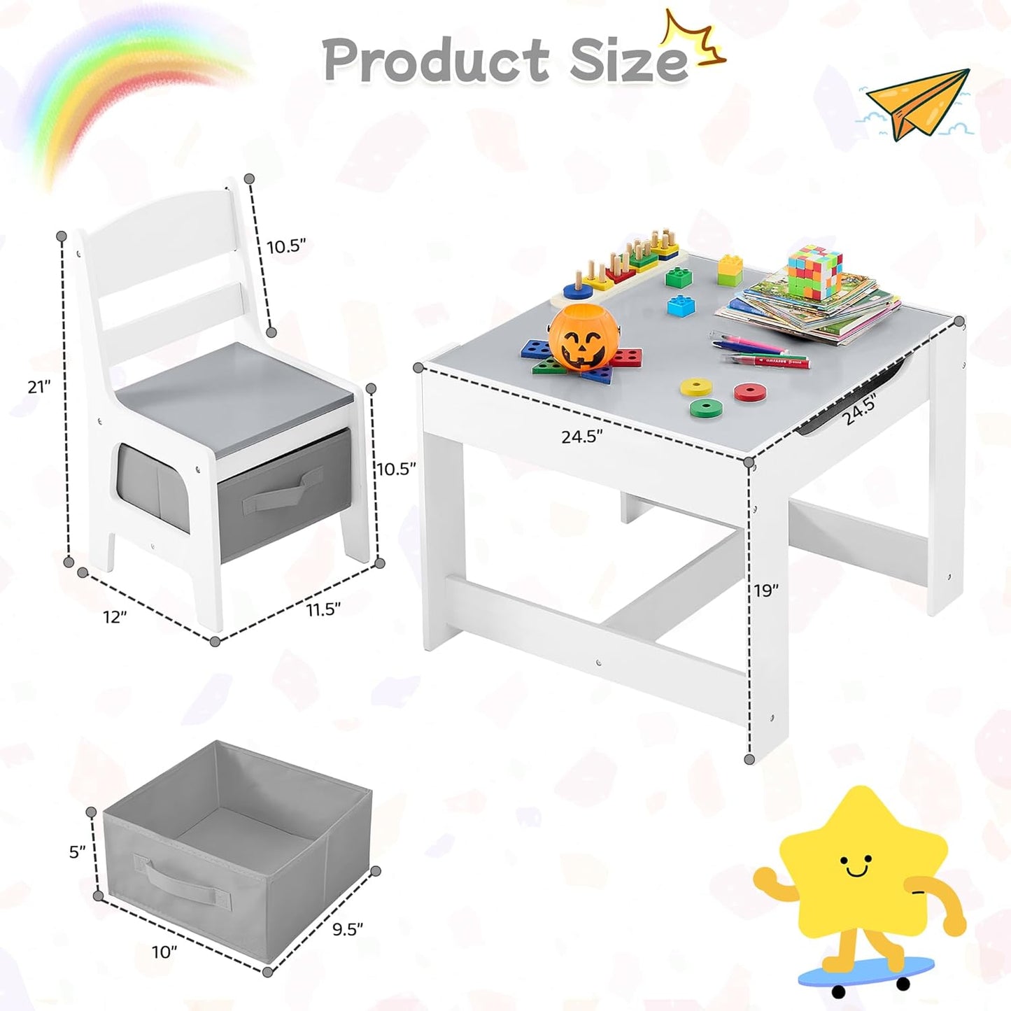 Kids Table and Chair Set, 3 in 1 Wooden Activity Table with Detachable Tabletop, Toddler Table and Chair Set with Storage Drawer, Kids Play Table for Children Art, Craft, Eating, Learning