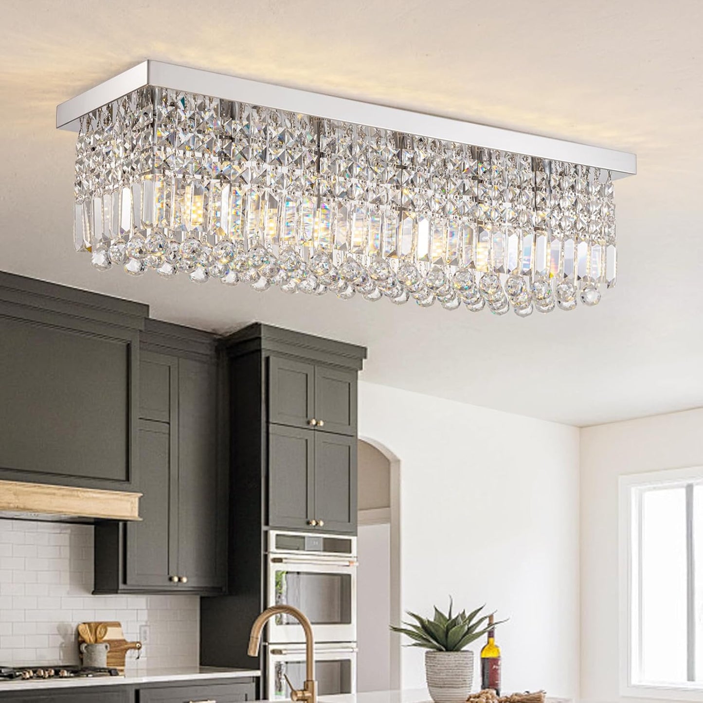 Rectangular Chandelier, Flush Mount Rectangle Chandelier Modern K9 Crystal Chandeliers Light Fixture, 6-Lights Raindrop Crystal Pendant Ceiling Light for Dining Room Bedroom Bar Club L31.5 Inch