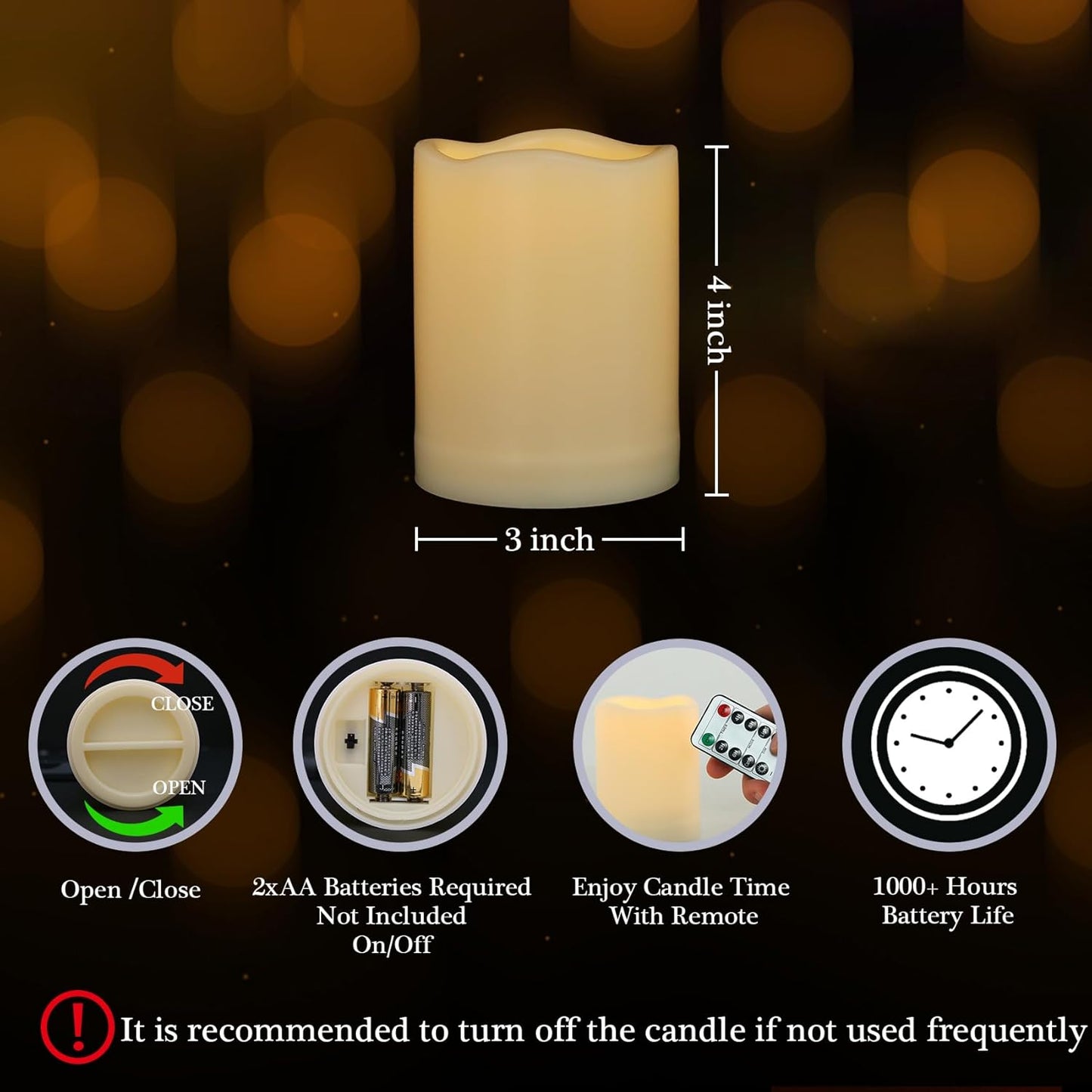 1 Pack 3" x 4" Battery Operated Flameless Candles with Remote and Timer, Outdoor Flickering LED Pillar Flameless Candles for Home Decor, Ivory, Plastic