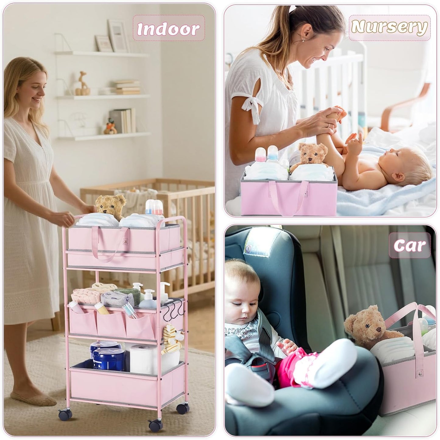 Honeydak 2in1 Baby Diaper Caddy Organizer Cart 3 Tier Large Capacity Metal Utility Bedside Rolling Cart with Divider for Newborn Nursery Essential Must Have for Crib Bedroom Baby Shower(Pink)
