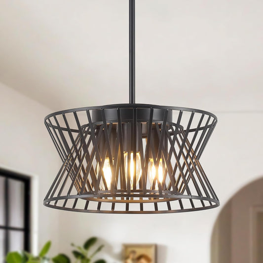 3-Lights Black Pendant Light Vintage Geometric Chandelier Light Fixture Adjustable Metal Lighting Fixtures for Kitchen Room Dining Room Foyer