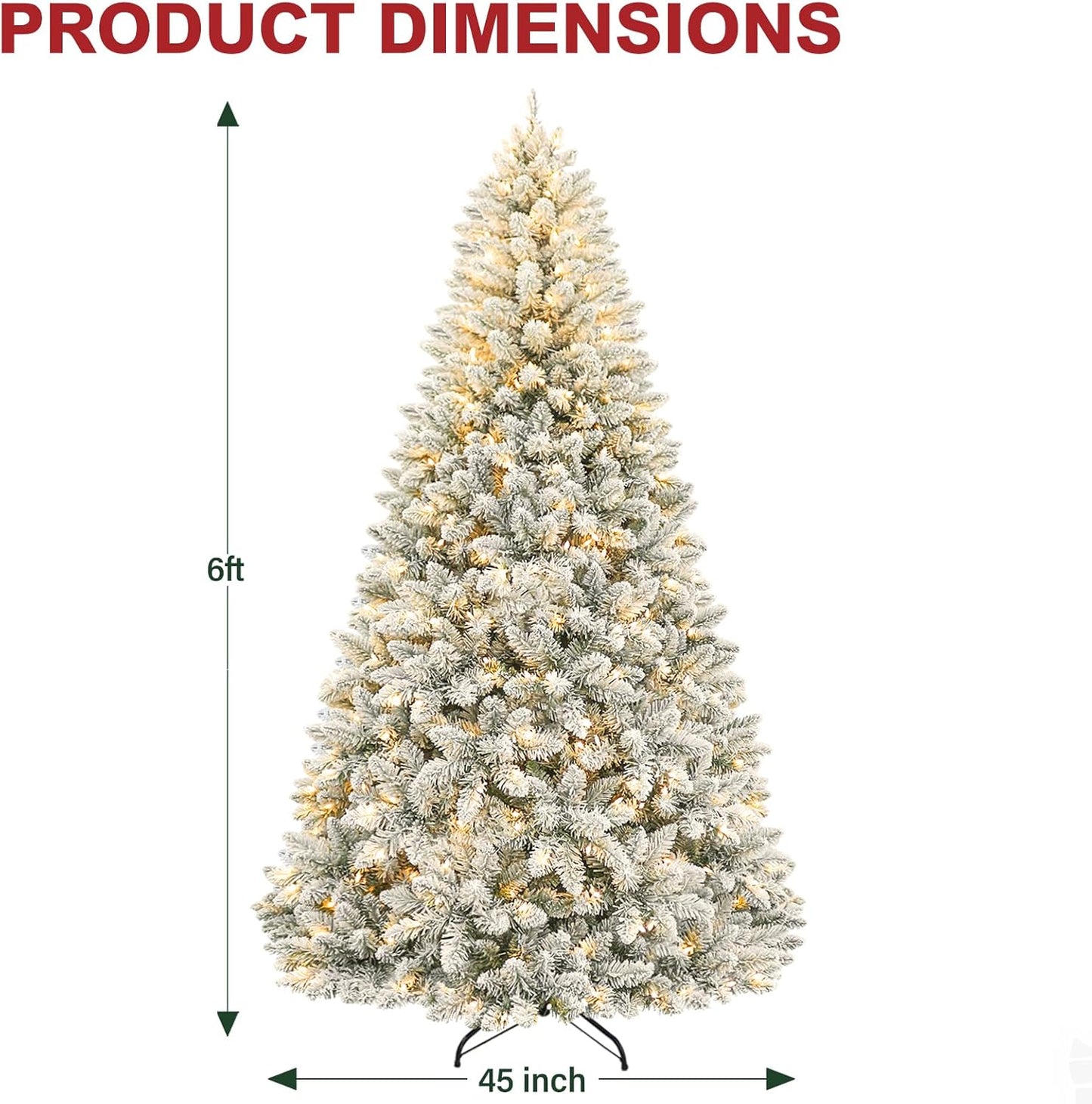 Hykolity 6 ft Prelit Snow Flocked Christmas Tree, Artificial Christmas Tree with 250 Warm White Lights, 1032 Tips, Metal Stand and Hinged Branches