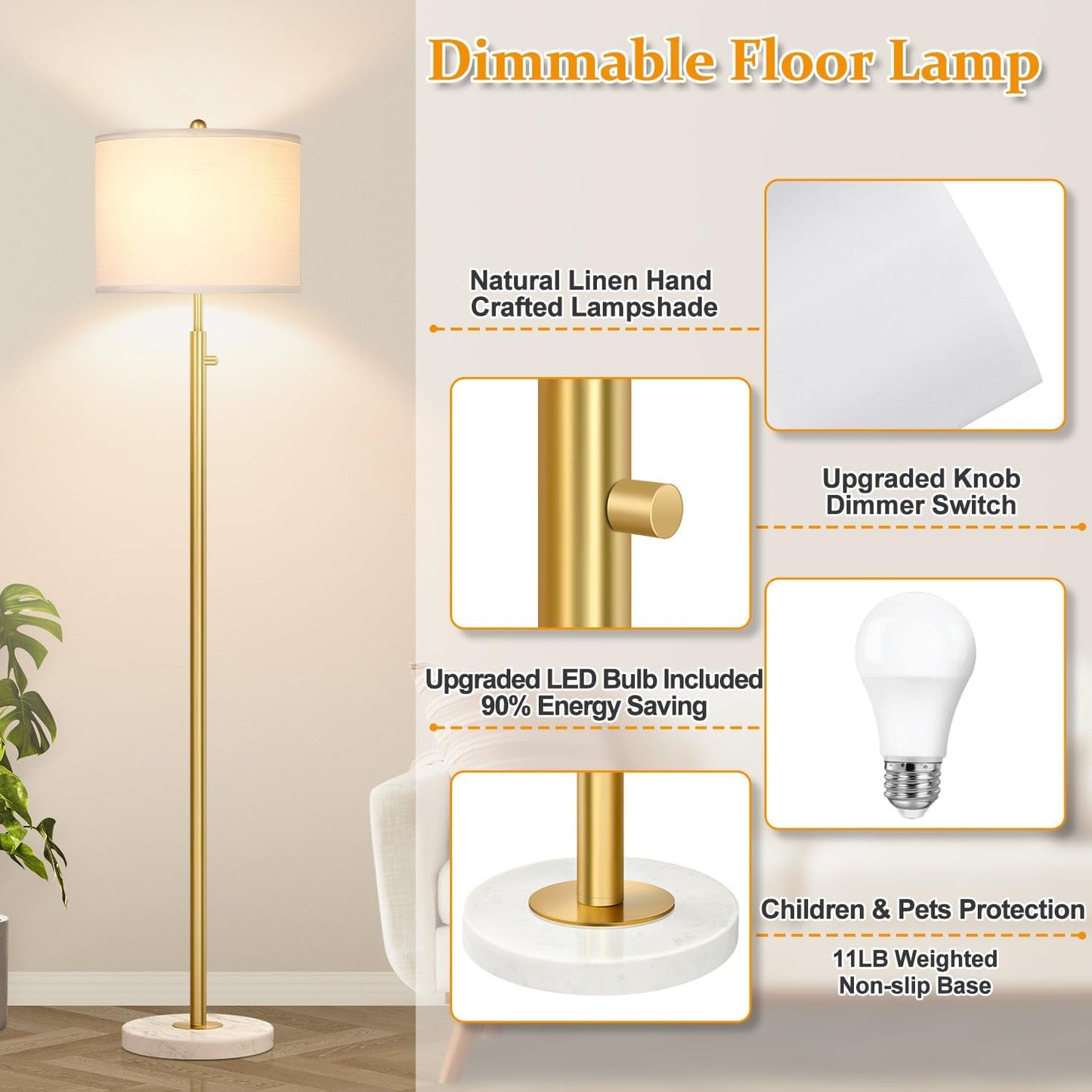 【Upgraded】Dimmable Gold Floor Lamps for Living Room, 11W LED Bulb Included, Modern Standing Lamp with Marble Base, Tall Pole Light with White Linen Shade for Bedroom Reading Office Corner Nursery