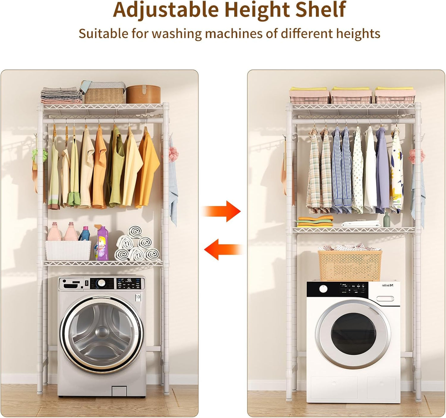 Over Washer and Dryer Shelves,2 Tier Adjustable Height Wire Shelving Laundry Room Storage Organization Clothes Drying Rack with Hanger Rod&Hooks,Space Saving Organizers Shelf,White