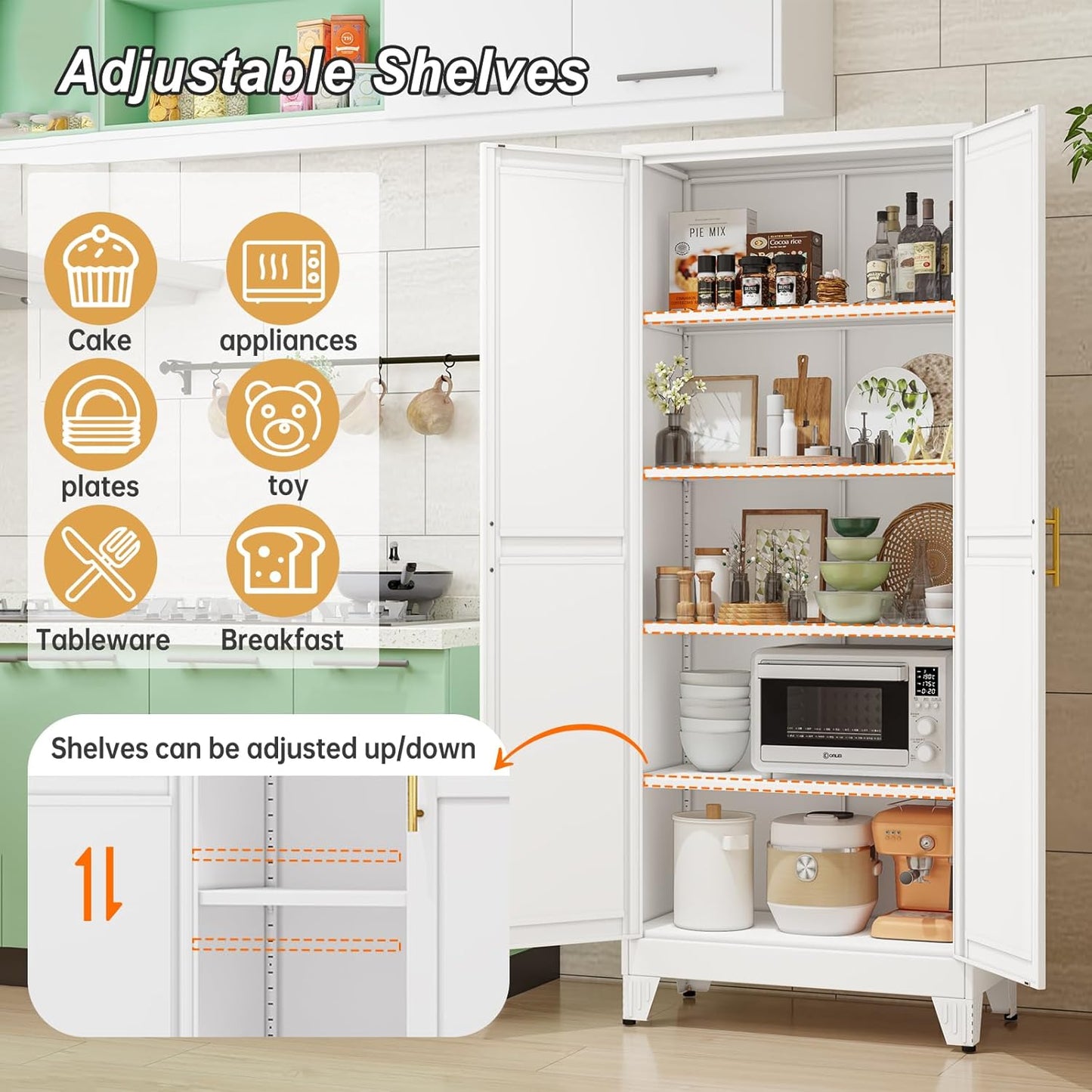 Metal Pantry Cabinet with 2 Doors and Adjustable Shelves - 71" Kitchen Storage Cabinet with Gold Handles - Versatile Storage for Kitchen, Bathroom, Dining Room, Utility Room - White