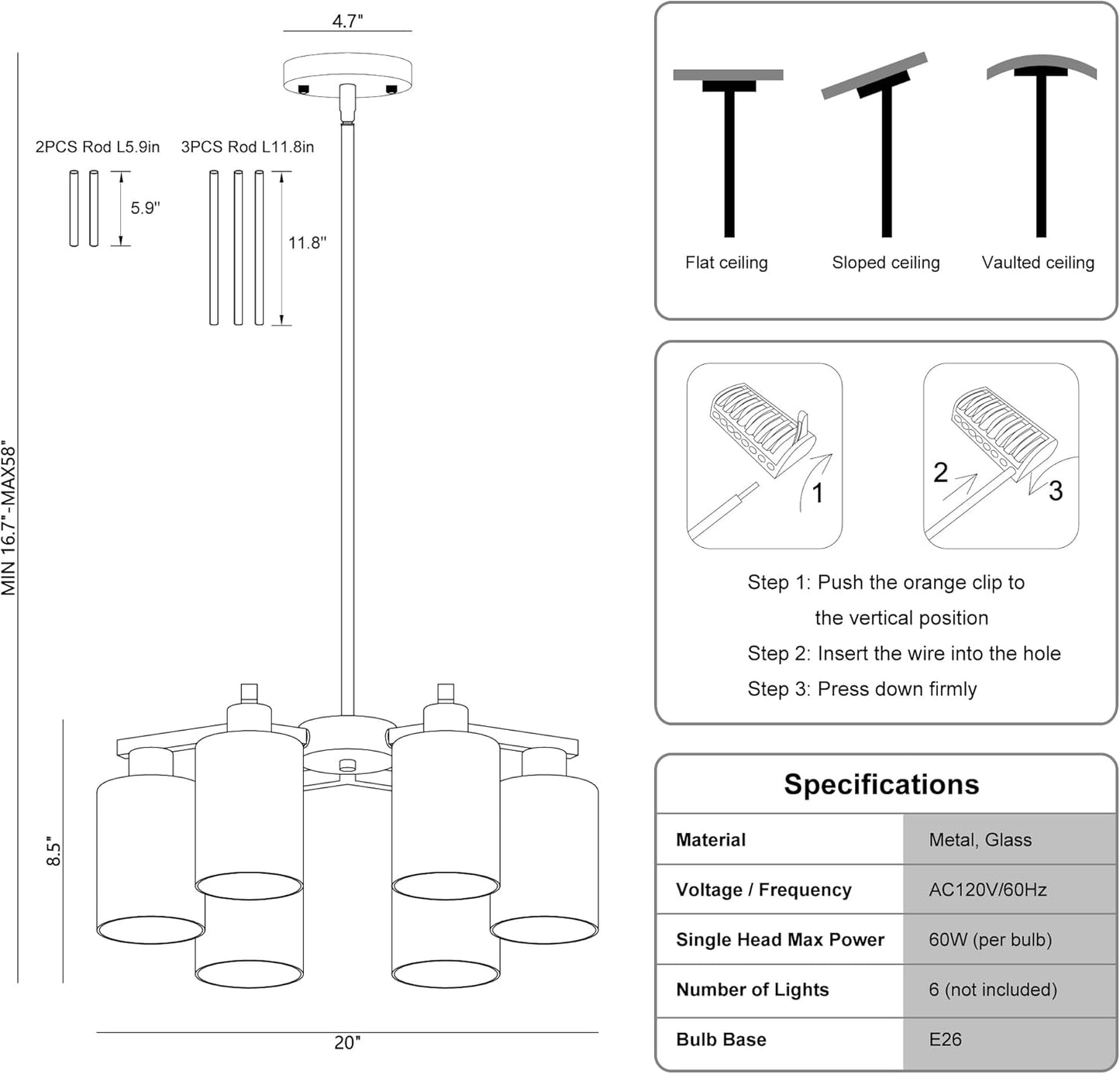 6-Light Modern Farmhouse Black Chandelier, Dining Room Light Fixture Over Table Adjustable Height Hanging Industrial Pendant Lights Kitchen Island, Clear Glass Shade
