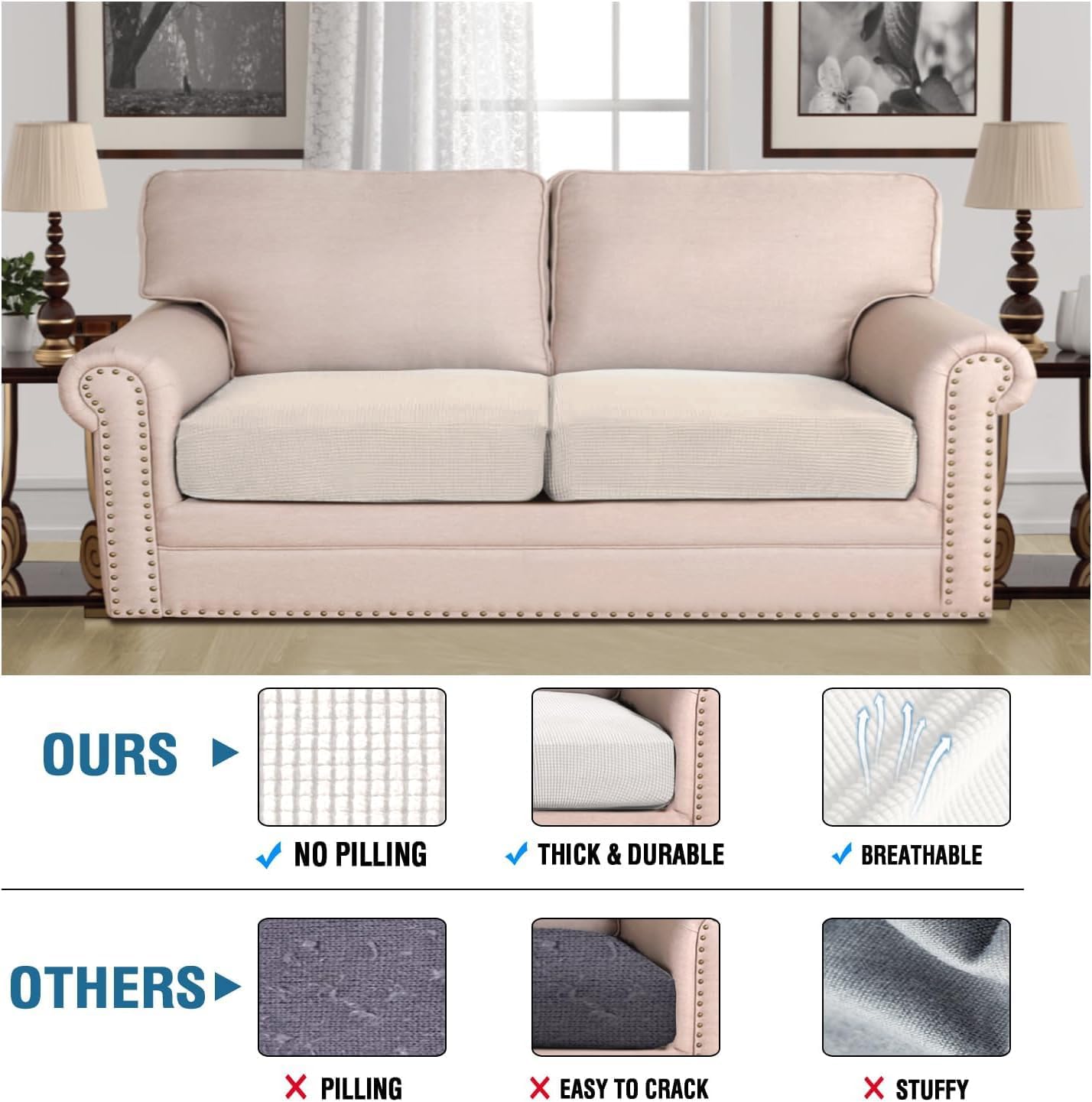 H.VERSAILTEX Super Stretch Individual Seat Cushion Covers - Sofa Couch Cushion Slipcover Sets - Thick Jacquard Textured Twill Fabric - Large (2 Piece, Ivory)