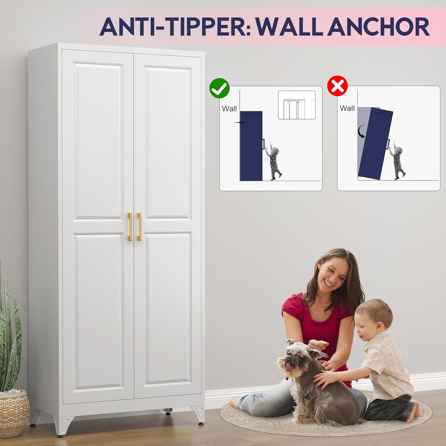 75" Storage Cabinet, Metal Pantry Cabinet, Kitchen Pantry Storage Cabinets with Doors and 4 Shelves, Cabinets for Laundry Room, Living Room, Dinning Room, Assembly Required, White