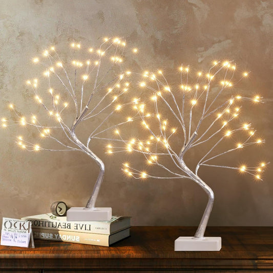 EAMBRITE Fairy Light Tree, 108 Led Light up Trees Decor Indoor, 8 Modes Fairy Light Spirit Tree for Christmas Decorations, USB& Battery Tabletop Bonsai Tree for Home Bedroom Decorations (2 PK, Sliver)