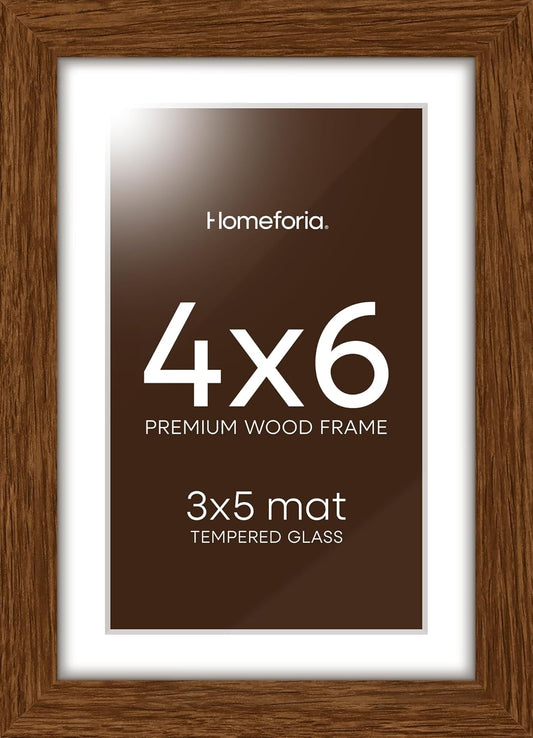 Homeforia 4x6 Brown Picture Frame, High End Dark Oak 4x6 Wooden Frames with Mat 3x5 Photo, 4 x 6 Walnut Wood Frame Matted to 3 x 5 Print, 6x4 Wall or Tabletop Frame, Tempered Glass, Wall Kit, Set of 1
