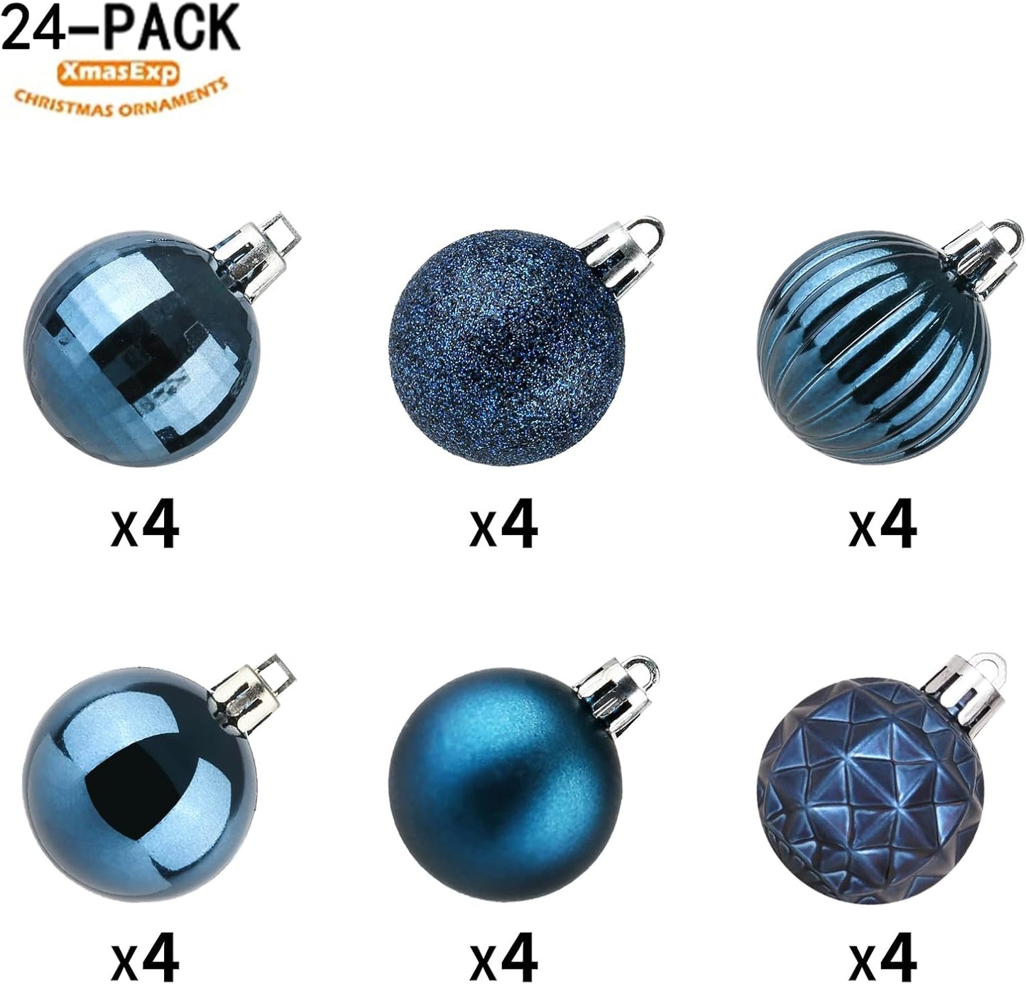 XmasExp 24ct Christmas Ball Ornaments Shatterproof Christmas Ornaments Set Decorations for Xmas Tree Balls 40mm/1.57"(1.57'', Diamond Blue)