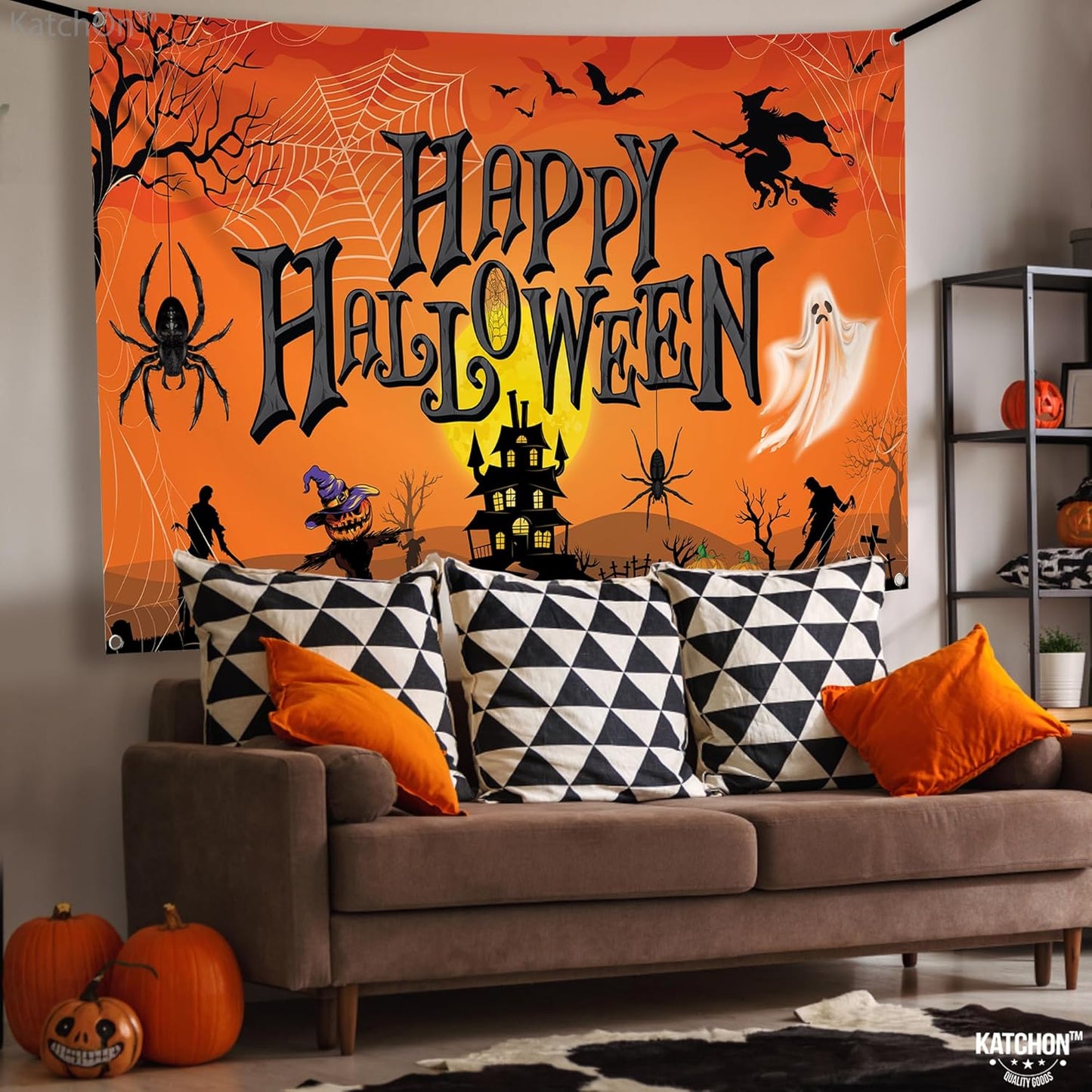 KatchOn Orange Happy Halloween Banner - XtraLarge 72x44 Inch | Pumpkin Backdrop for Party Decorations & Photography