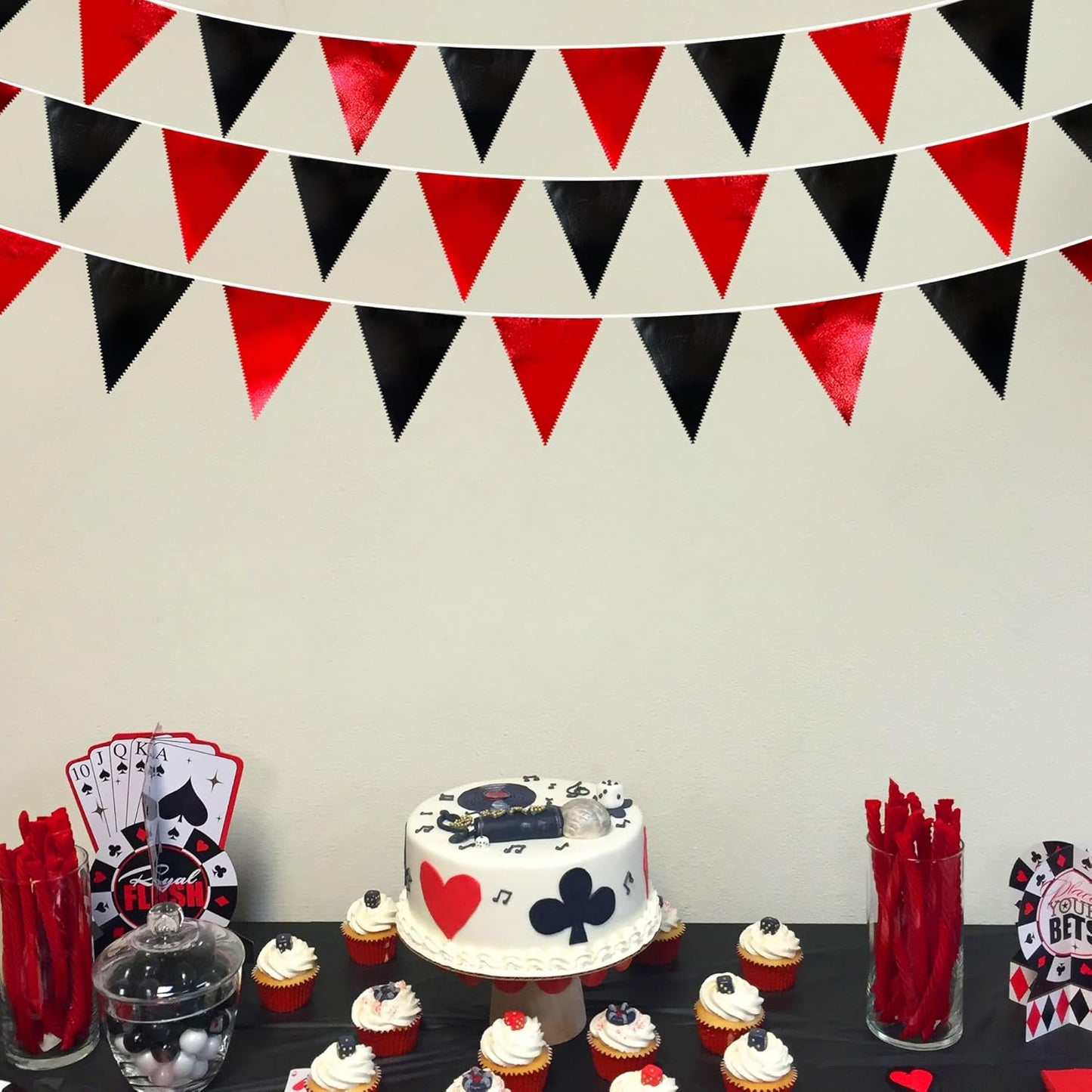 Red Black Party Decoration Metallic Fabric Triangle Pennant Banner Flag Bunting Garland for Graduation Halloween Birthday Wedding Bachelorette Anniversary Las Vegas Casino Poker Pirate Party Supplies