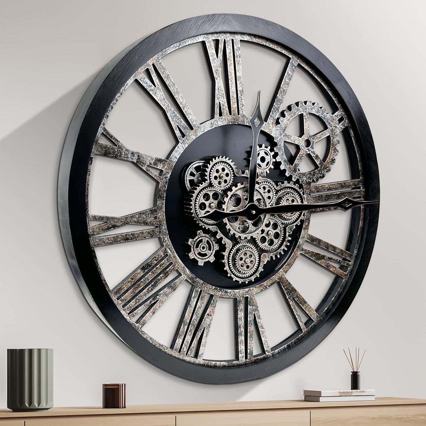 Large Wall Clock, Clocks for Living Room Decor Oversized 30 Inch Wall Decor Farmhouse Vintage Rustic Industrial Roman Big Chic Home Decor Wall Clock for House Bedroom Office, Moving Gears Clock
