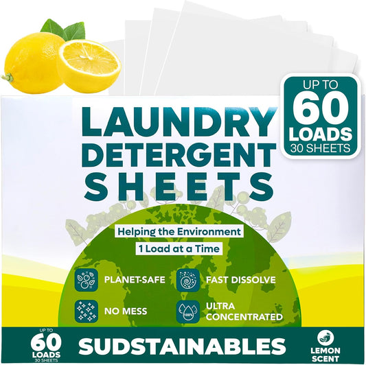 Sudstainables Laundry Detergent Sheets (60 Loads) – Eco-Friendly, Zero Waste, Plastic-Free Laundry Washing Machines Soap Sheets; Dissolvable, Space-Saving Strips for Travel (Lemon)