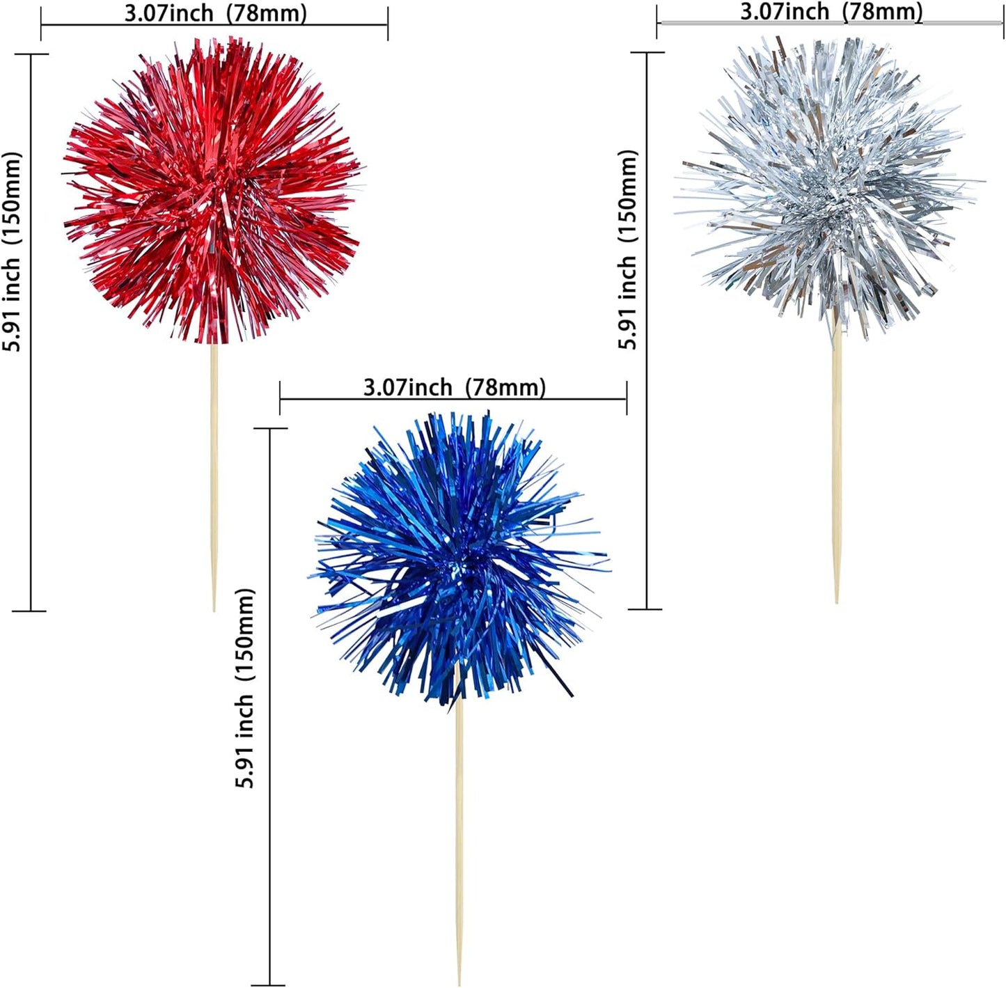 Ephlyn 30Pcs Foil Firework Cupcake Toppers Sparkle Tinsel Cupcake Picks Happy Birthday Cake Toppers Drink Cocktail Food Fruit Toothpicks for Baby Shower Birthday Party Supplies Red Silver Dark Blue