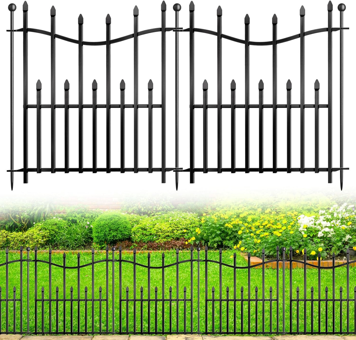 10 Panels No Dig Decorative Garden Fence, 24in(H)×22ft(L) Heavy-Duty Rustproof Metal Panels, Outdoor Dog Barrier for Yard & Patio, Landscape, Border| Portable Temporary Fencing