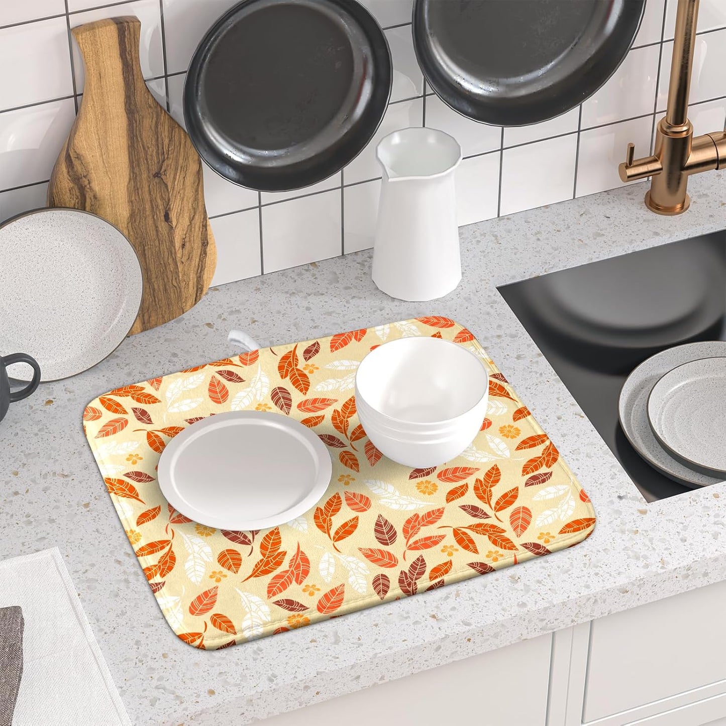 Fall Leaves Dish Drying Mat for Kitchen Counter Autumn Orange White Leaves Seasonal Super Absorbent Reversible Microfiber Kitchen Countertop Protector Dishes Pad Small 16x18 inch