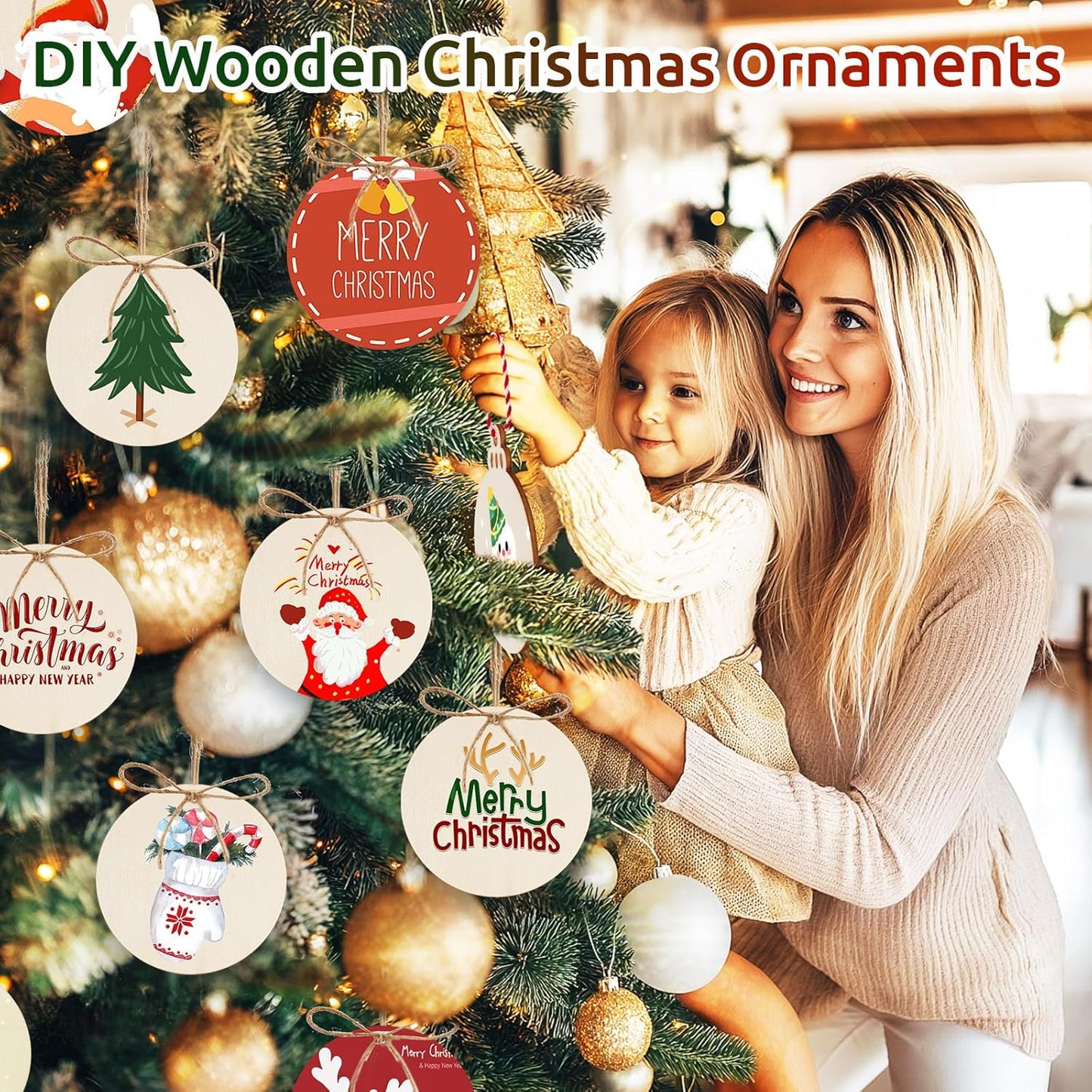 Philorn 50pcs Wooden Ornaments for Crafts 3.5" Unfinished DIY Wooden Christmas Ornaments, Predrilled Wood Slices Circles for Crafts Paint Holiday Hanging Decorations (50pc Rounds)