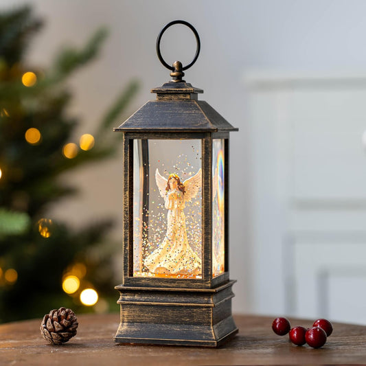 10'' Musical Snow Globe Lantern Lighted Angel with Dove Water Lantern Swirling Glittering Home Decoration and Gift, Battery Operated or USB Powered