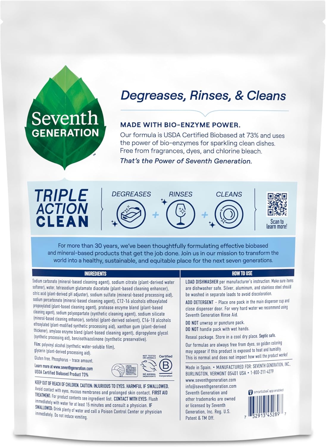 Seventh Generation Triple Action Clean Automatic Dishwasher Detergent Packs with Bio-Enzyme Power, Free & Clear, Fights 48-hour Stuck-on Food, 54 count