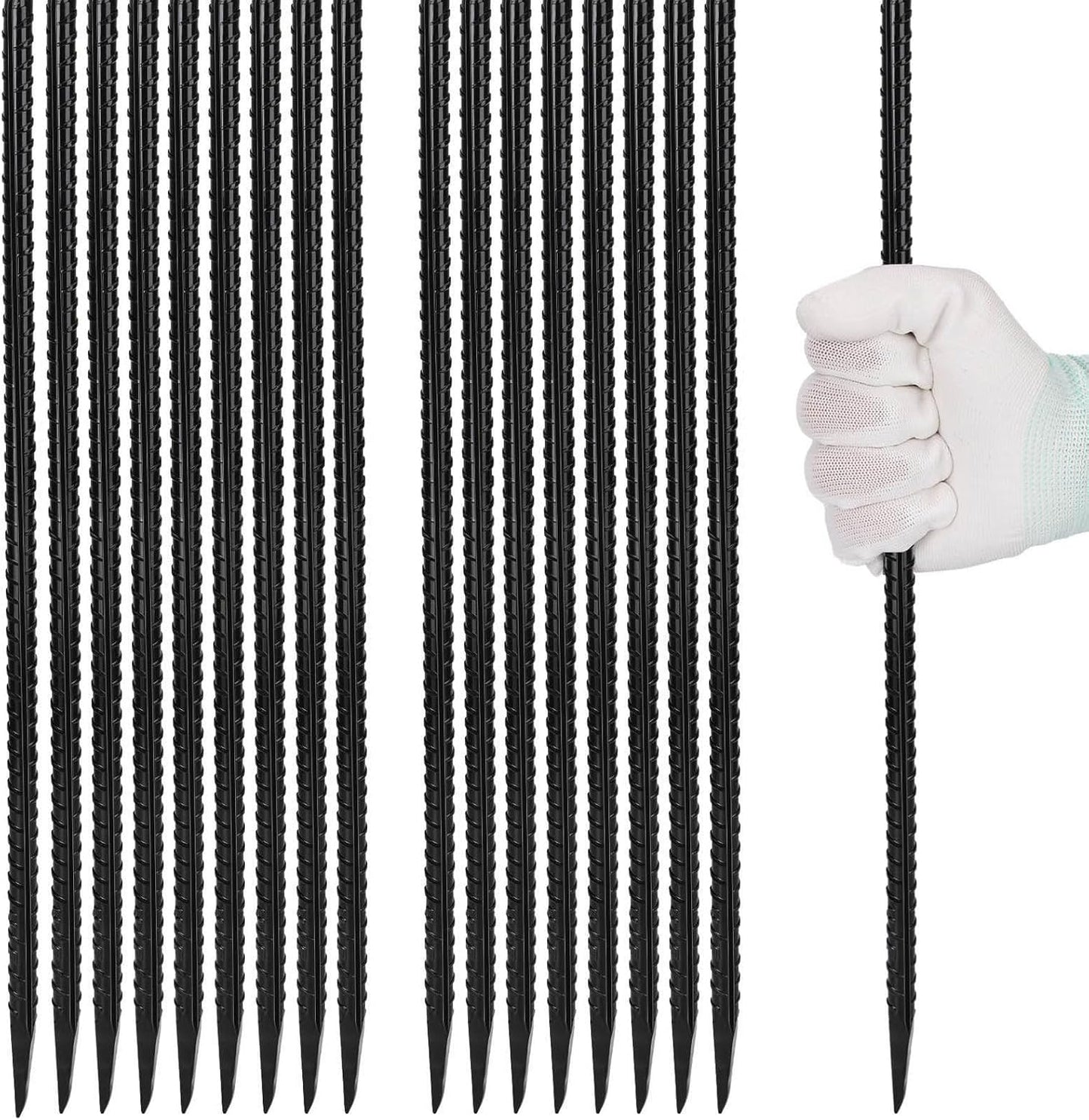 16 inches Rebar Stakes 18-Pack Heavy Duty Ground Stakes Rebar Spikes Garden Stakes Metal Steel Stake for Concrete and Timber Straight Black