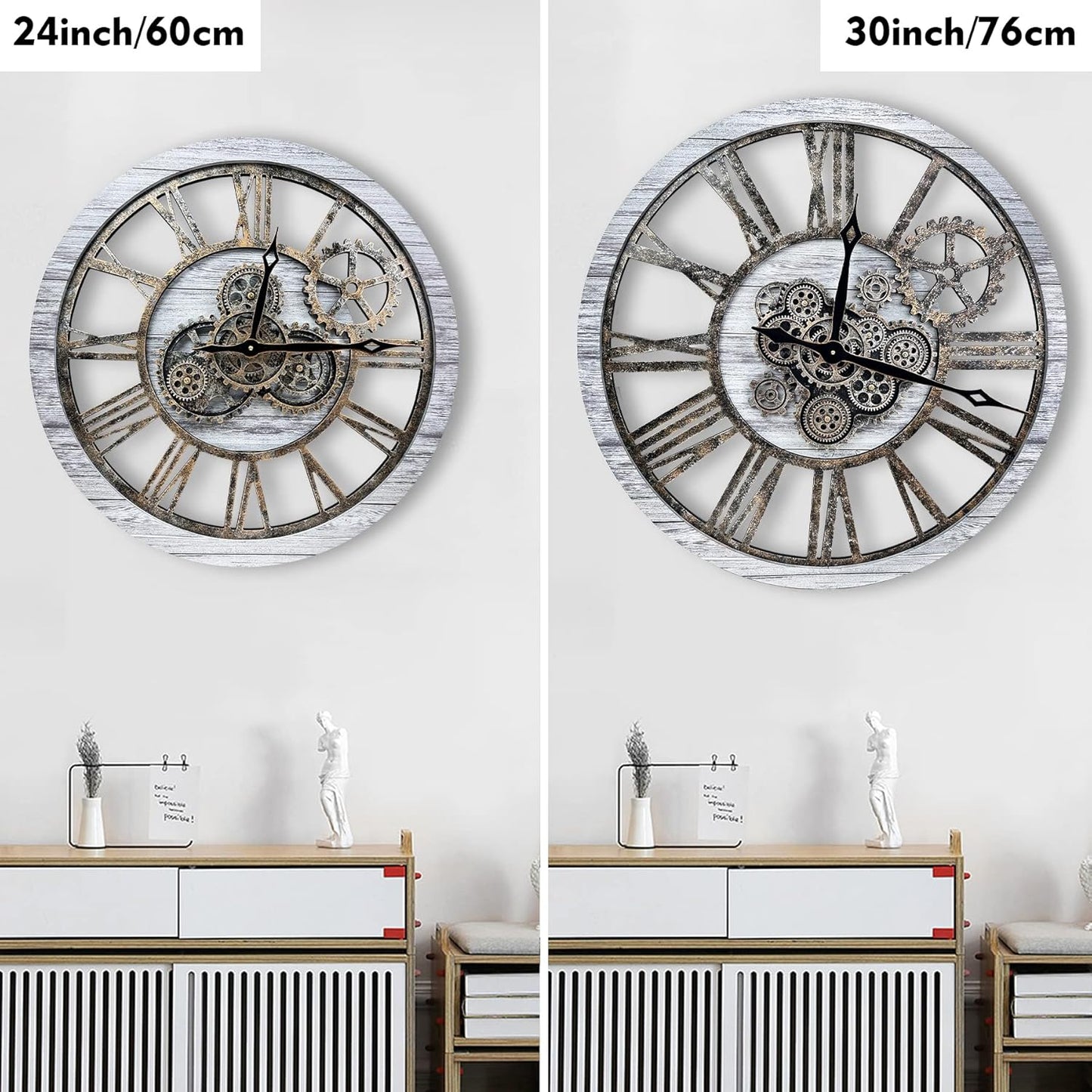 The B-Style Large Real Moving Gears Wall Clock 30 inch Rustic Retro Industrial Farmhouse Wood Clock Oversized Decorative Vintage Wall Clocks for Living Room (Silver Gray)