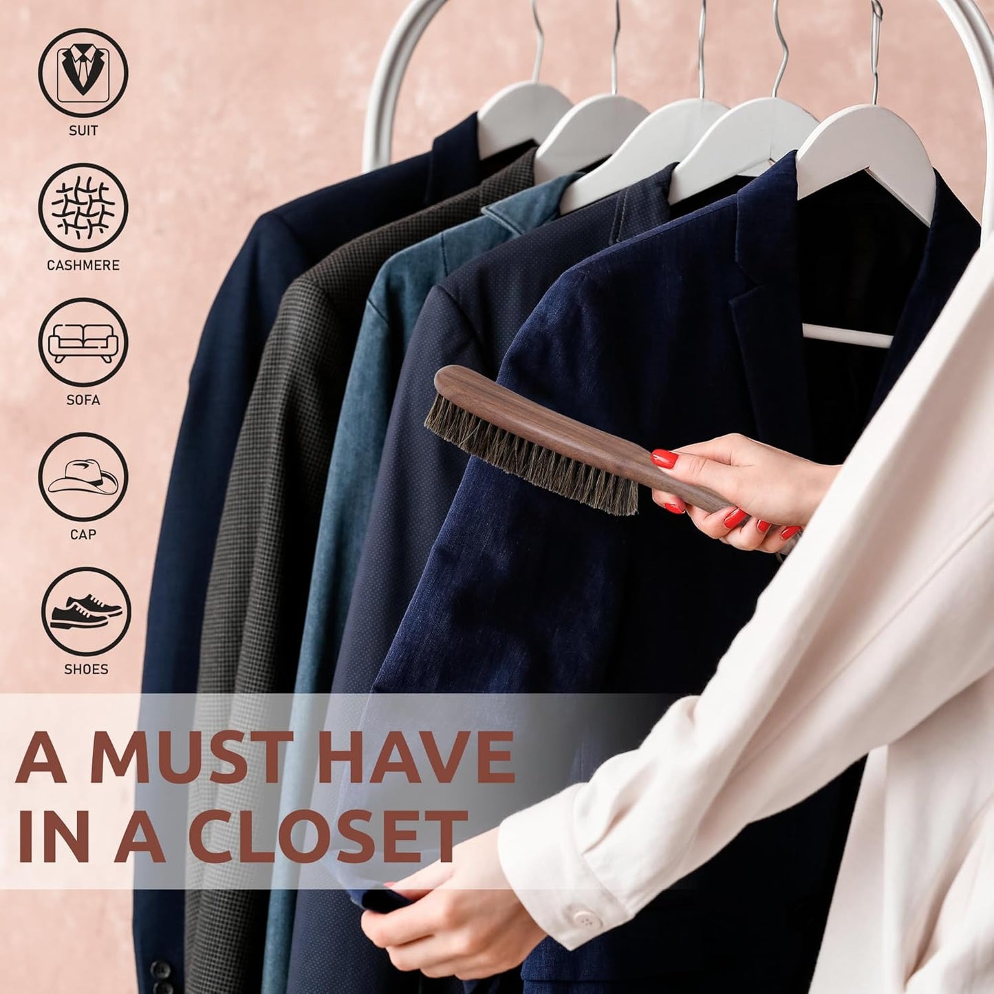 Lint Brush for Clothes with 100% Soft Horse Hair Bristle, Large Walnut Wood Handle, Lint Remover for Hat, Pet Hair, Suits, Cashmere, Wool, Velvet, Suede, Shoe