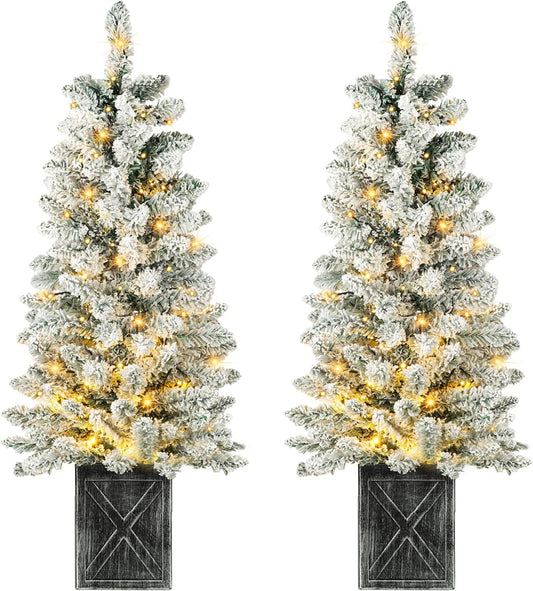 Set of 2 Christmas Trees with Lights 4-FT Artificial Potted Porch Snow Flocked Christmas Tree Battery Powered with 8 Modes and Timer for Indoor Outdoor