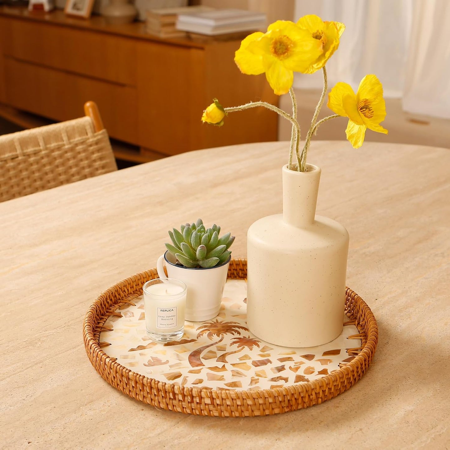 Round Rattan Tray with Mother of Pearl Inlay & Wooden Base - Decorative Wicker Serving Tray for Coffee/Bread/Fruits, Food Storage & Display - Multipurpose Home Decor (M,Island)