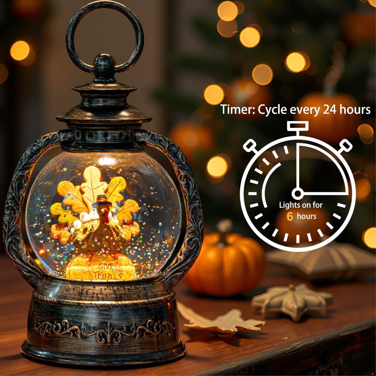 Fall Snow Globe Lantern - Thanksgiving Glittering Lighted Water Lantern, Fall Decorations Autumn Harvest Day Gifts, Home Halloween Christmas Decor (Turkey in Pumpkin)