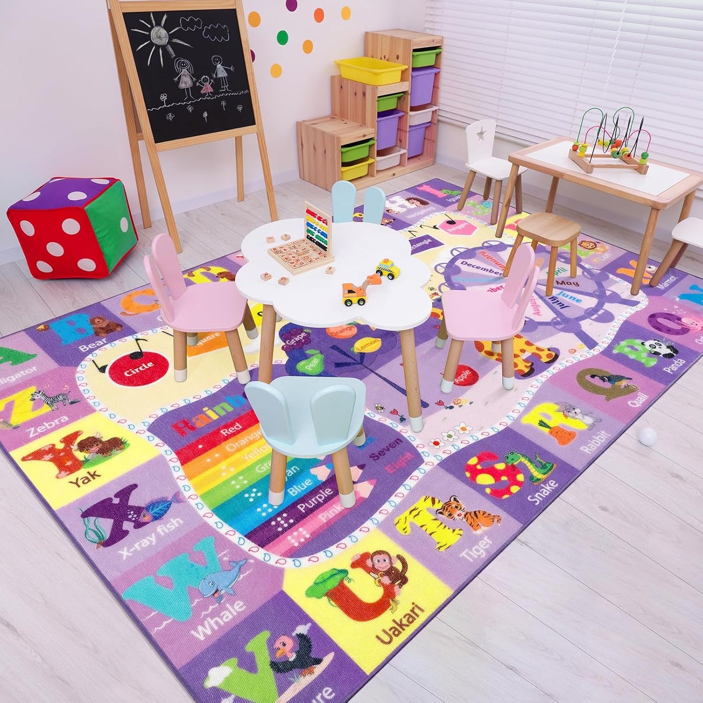 Kids Rugs for Playroom Bedroom Classroom Nursery, Non-Slip and Washable Rugs for Children Toddlers Girls, Educational and Fun Rug Carpets with ABC Alphabet Animals Shapes, 4x6, Purple