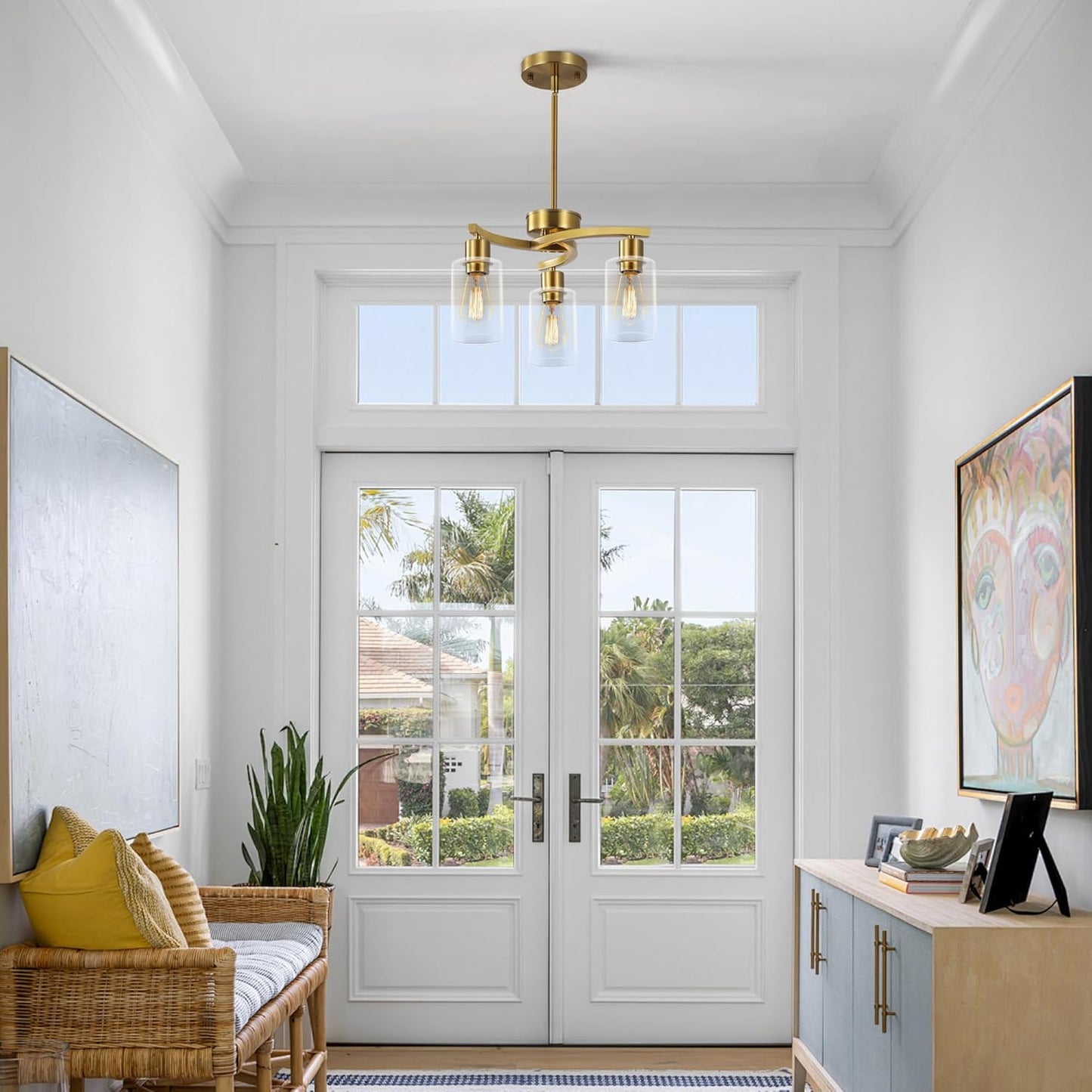 3-Light Gold Dining Room Chandeliers Over Table, Contemporary Kitchen Island Pendant Lighting, Industrial Hanging Light Fixture for Entryway Hallway Foyer Bedroom, Clear Glass Shade