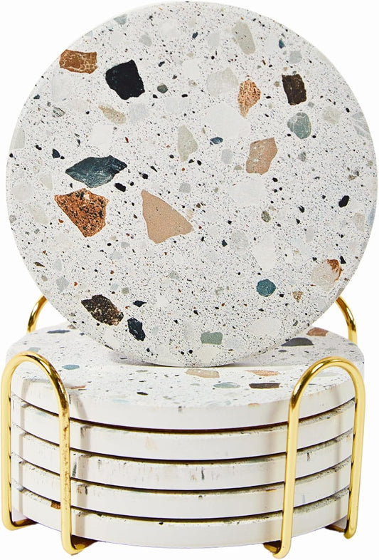 Terrazzo Drink Absorbent Coasters with Holder Set of 6, Ceramic Coaster for Drinks, Coffee Table Decor, Water Absorbing Stone Coaster for Drinks (Granite)