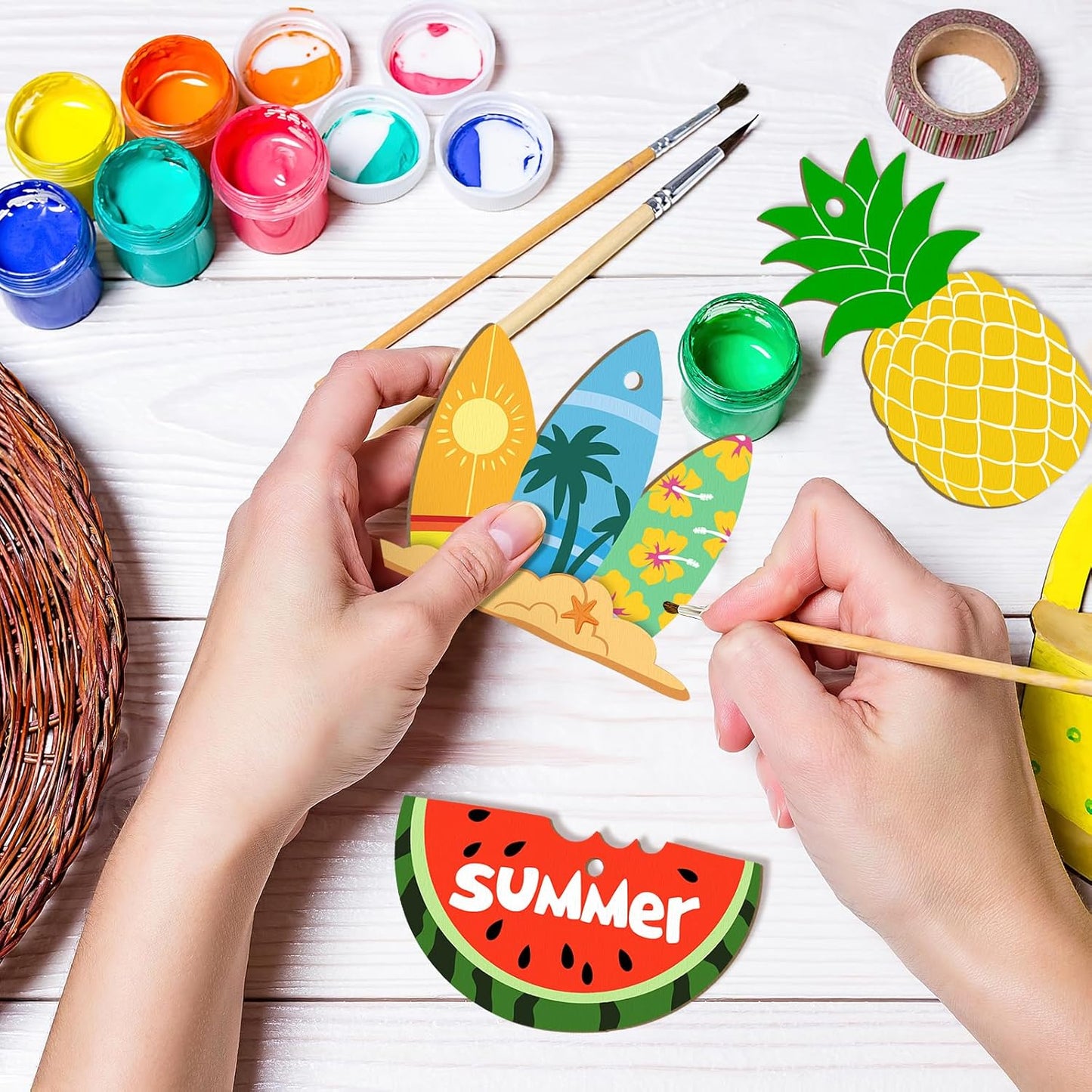 80PCS Wooden Summer Ornaments to Paint, 10 Styles DIY Blank Unfinished Wood Beach Cutouts Ornament for Crafts Hanging Decorations, Watermelon Surfboard Slippers Coconut Tree Home Decorations Gifts