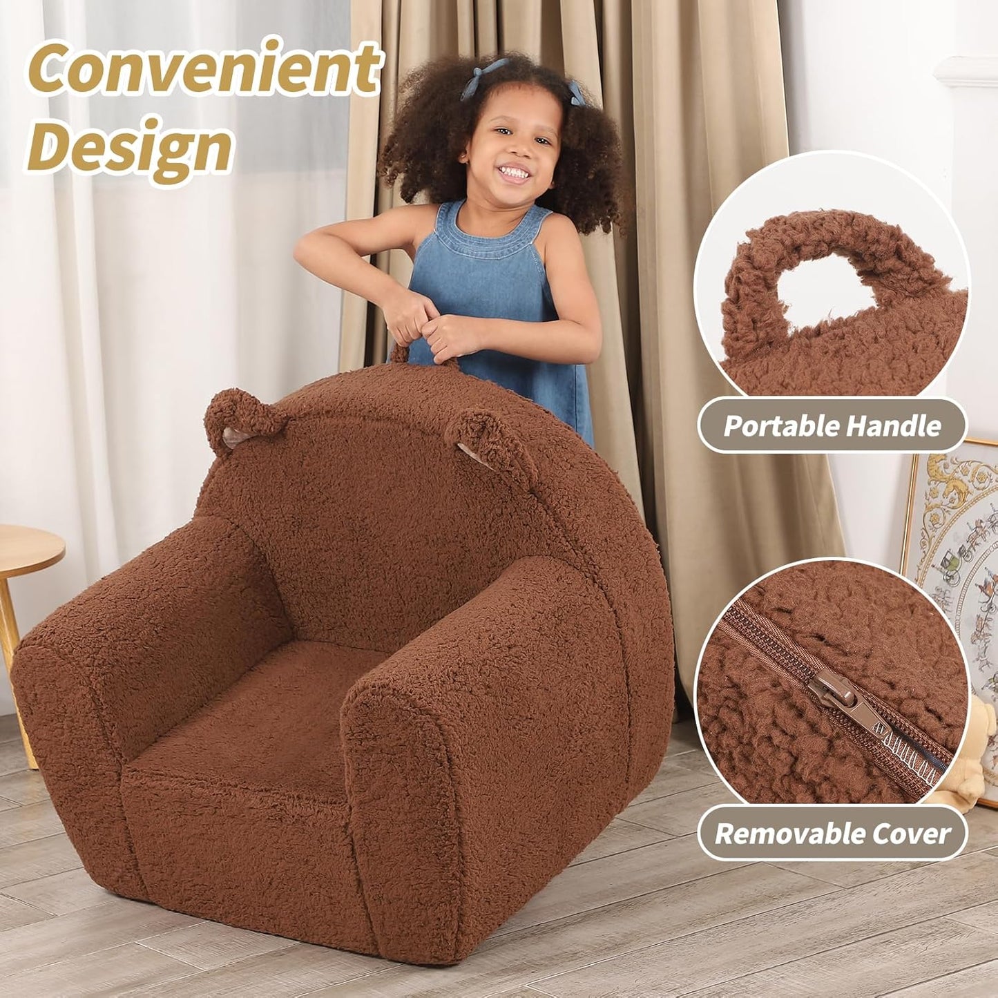 Comfy Toddler Chair, Cuddly Sherpa Teddy Bear Kids Sofa, High Back Kids Reading Chair for Boys and Girls, Brown