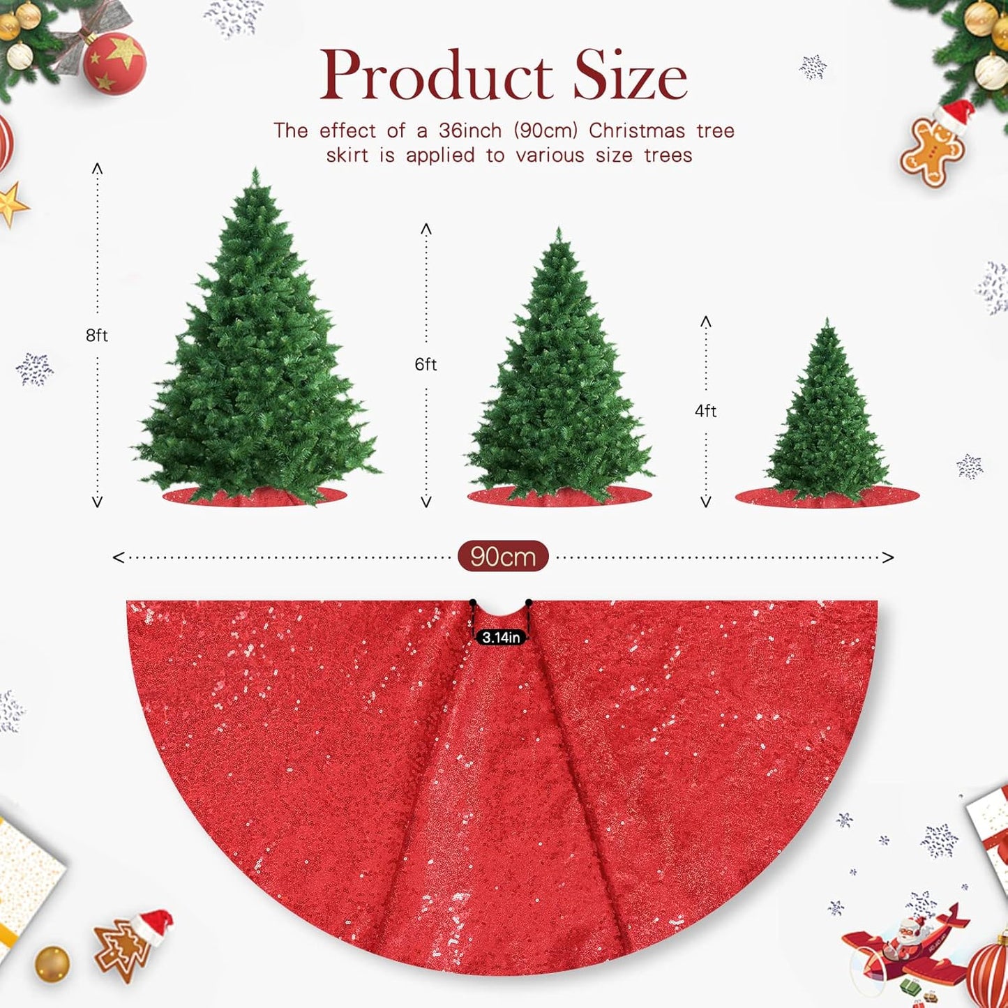 Red Christmas Tree Skirt 36 Inch Sequin Tree Skirt Sparkle Xmas Ornaments New Years Party Decorations