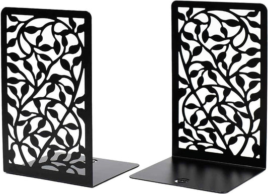 CNK Book Ends for Shelves - Metal Holders for Home Office Heavy Books, Shelf Stoppers, Decorative Set of 2 Black Infinite Leaves Bookends