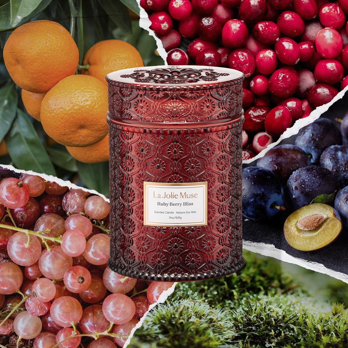 LA JOLIE MUSE Ruby Berry Bliss Scented Candle – Mandarin, Cranberry & Plum | 19 oz Festive Fall Candle | Wooden Wick | Clean Burn & Vibrant Scent | Fun Gift for Hosts & Fall Tablescapes