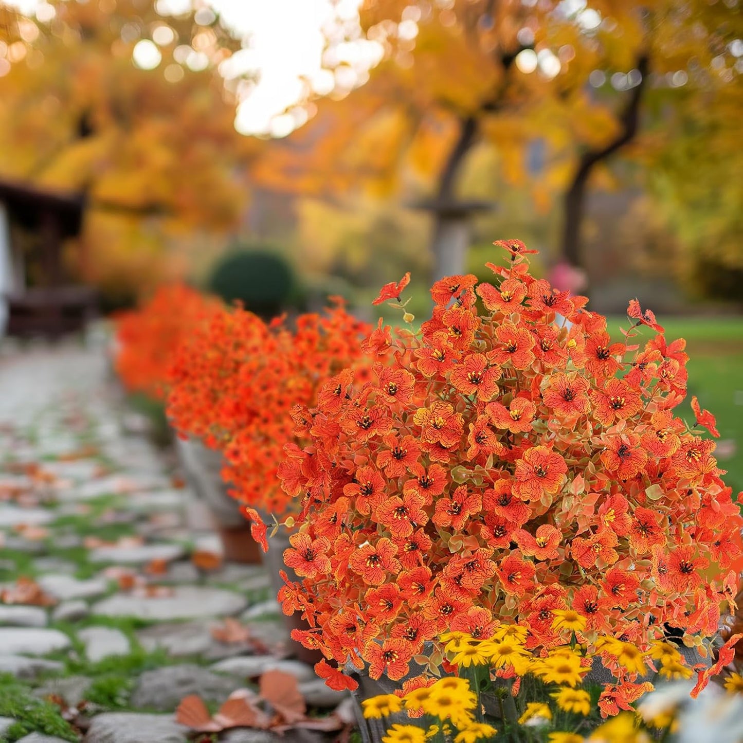 Set of 2 Artificial Fall Topiary Ball Flowers for Outdoor Decoration with Spike 20", UV Resistant Fake Autumn Floral Shrubs, Realistic Faux Bushes Plants for Garden,Yard,Porch and Patio Decor