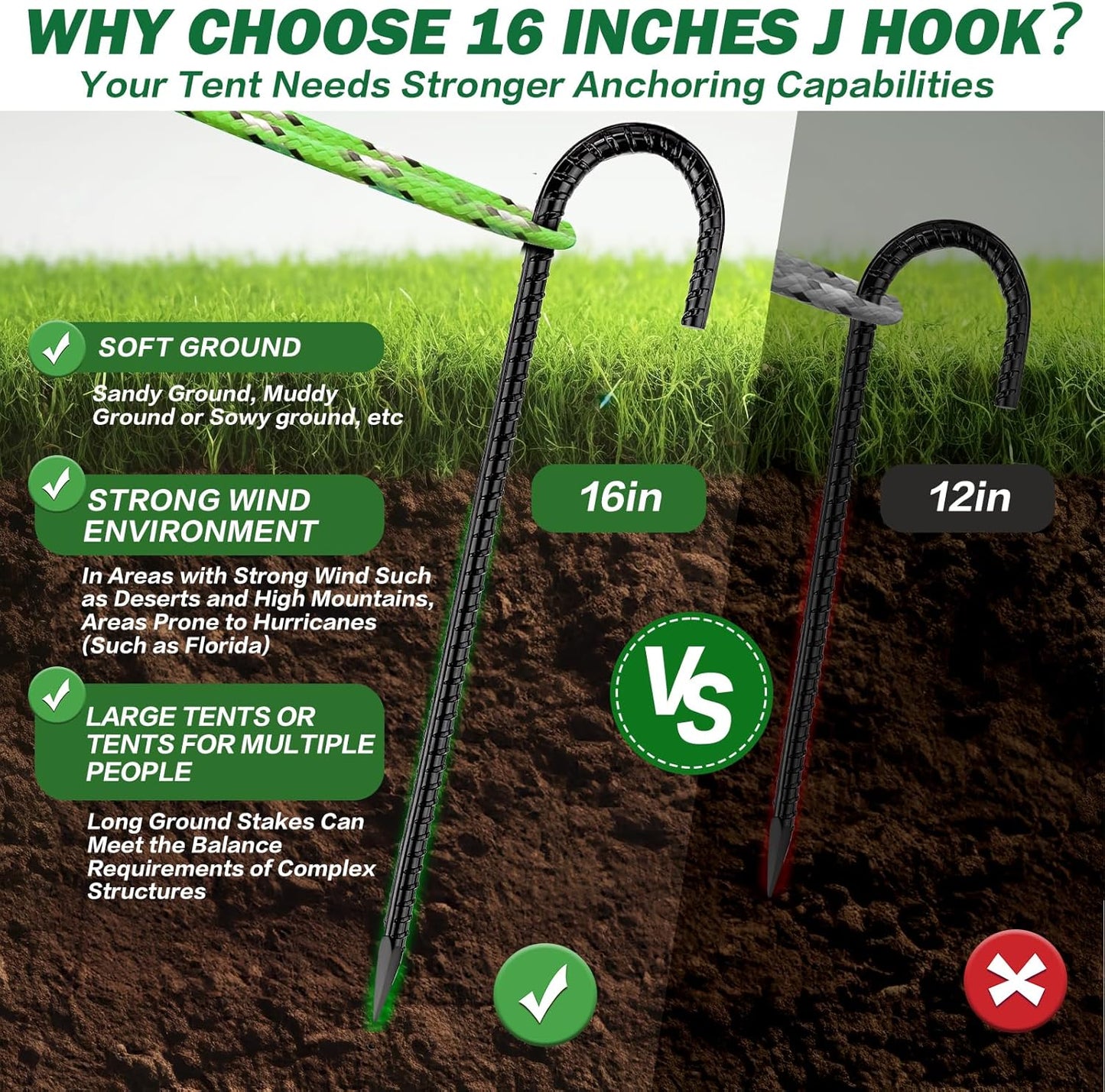 16 Inch Ground Stakes Heavy Duty,16 Pack Metal Fence Stakes for Ground for Wire Fencing,Heavy Duty Long Tent Stakes for Trampolines Camping Canopies and Swing Set