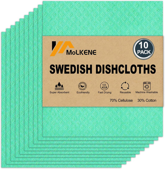Swedish Dishcloths - 10 Pack Reusable Kitchen Dishcloths - Ultra Absorbent Dish Towels for Washing Dishes - Cellulose Sponge Cloth Cleaning Cloths - Green