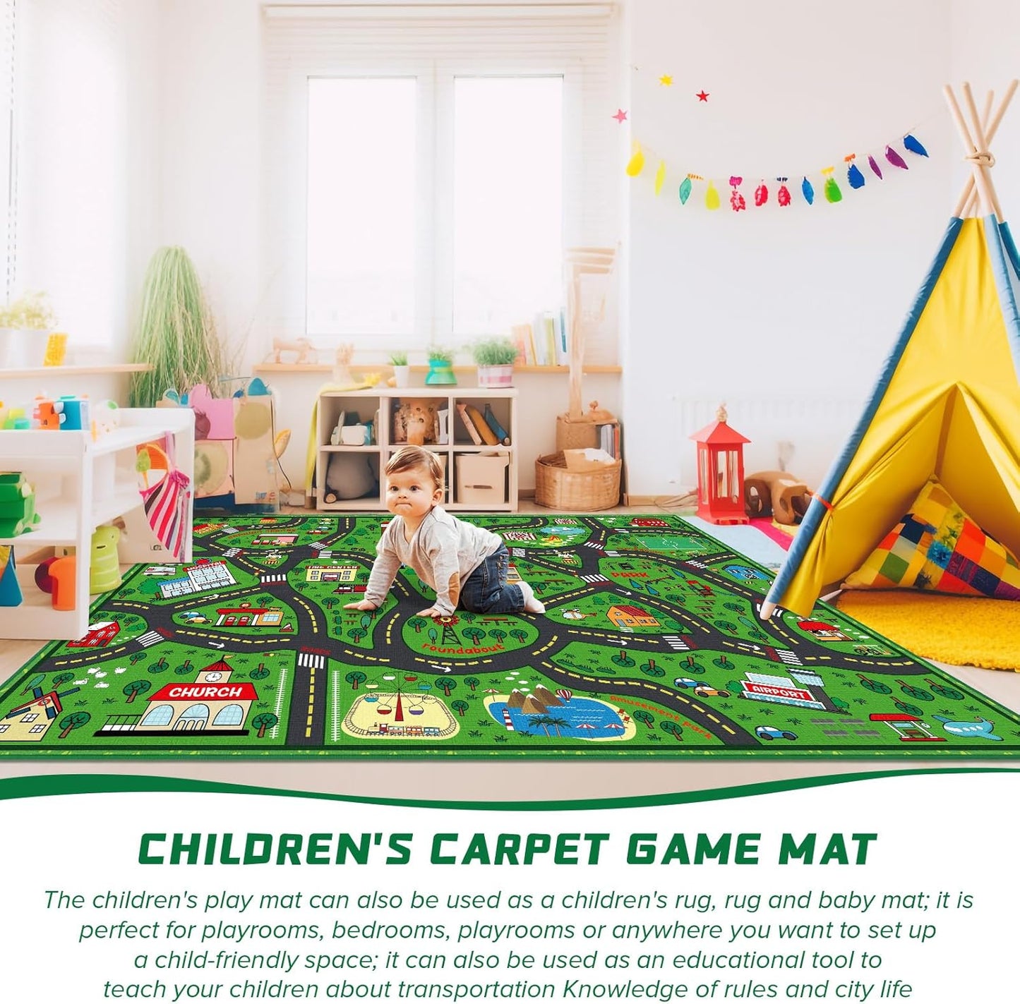 Kids Carpet Playmat Rug 5 x 7 ft Player Car Rug, City Life Traffic Road Map Mat Educational Game Area Mat for Toddler Children Playroom Classroom Bedroom(Green)