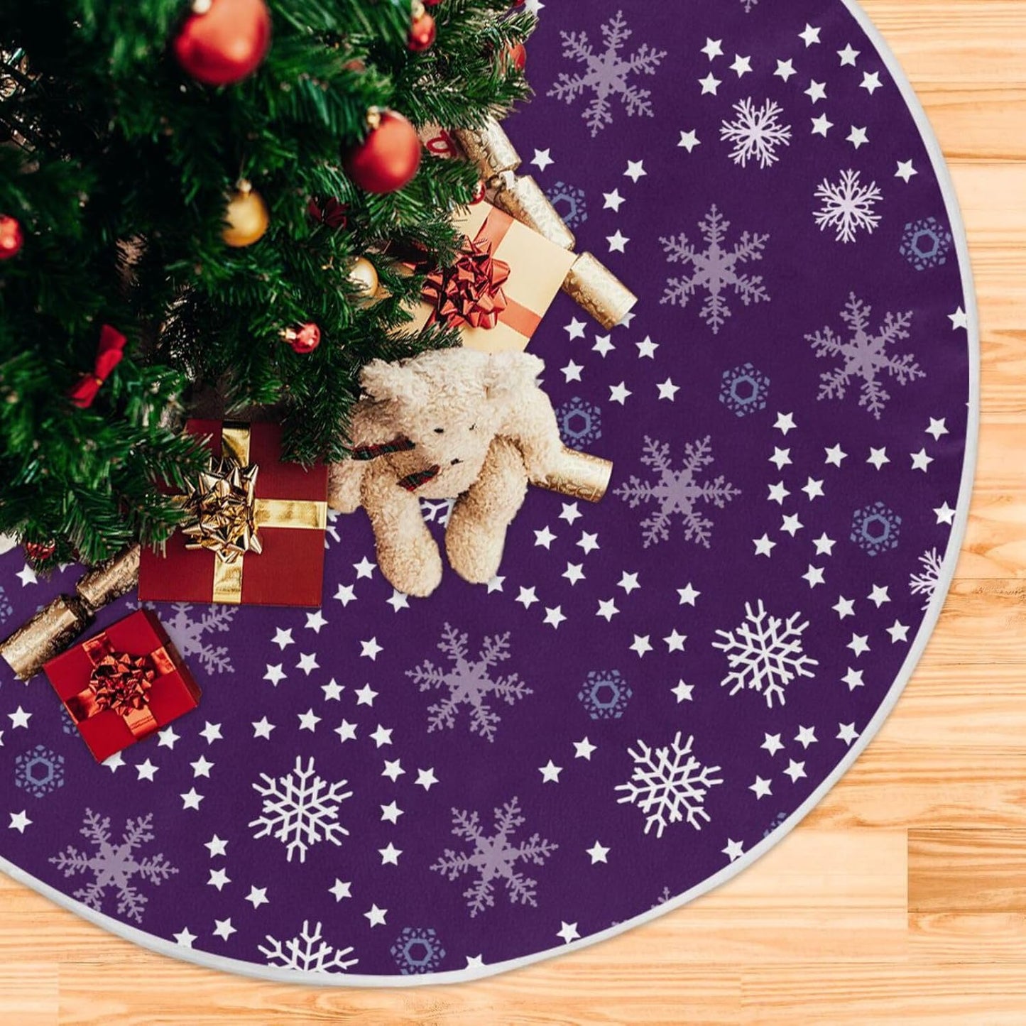 Christmas Purple Snowflakes Tree Skirt, Seasonal Tree Mat Holiday Party Supplies Ornaments Indoor Outdoor Decorations for Tabletop Trees 35.4 Inches