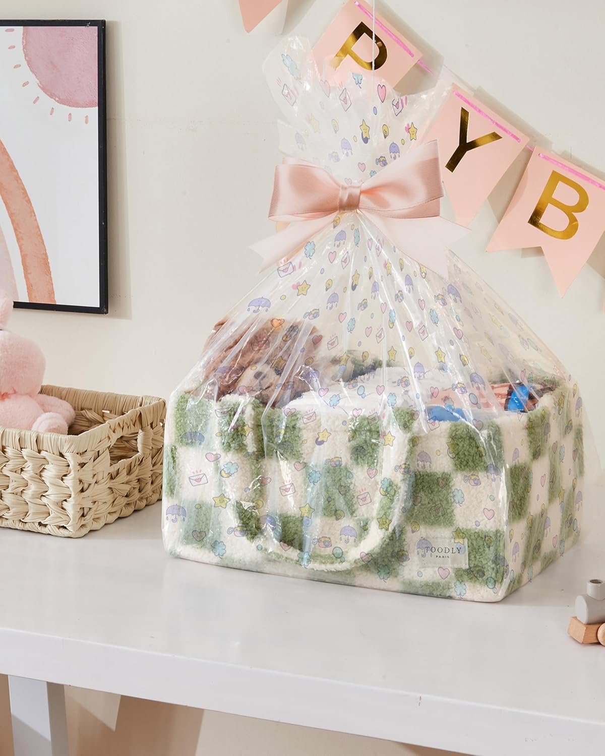 Checkered Diaper Caddy Organizer with Portable Changing Mat - Teddy Fleece Diaper Organizer for Changing Table - Caddy Organizer with Removable Dividers - Green and White