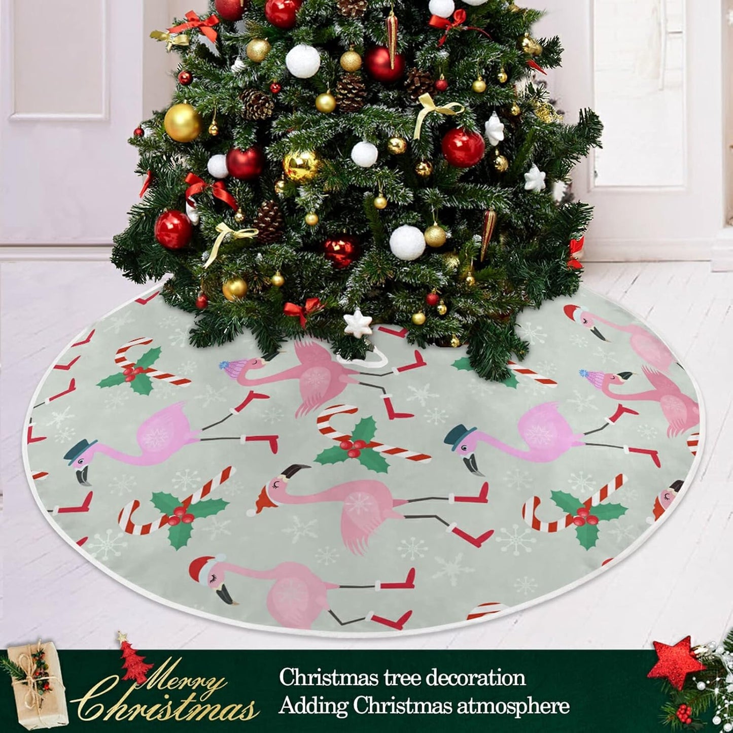 Christmas Flamingo Candy Tree Skirt, Seasonal Tree Mat Holiday Party Supplies Ornaments Indoor Outdoor Decorations for Tabletop Trees 35.4 Inches